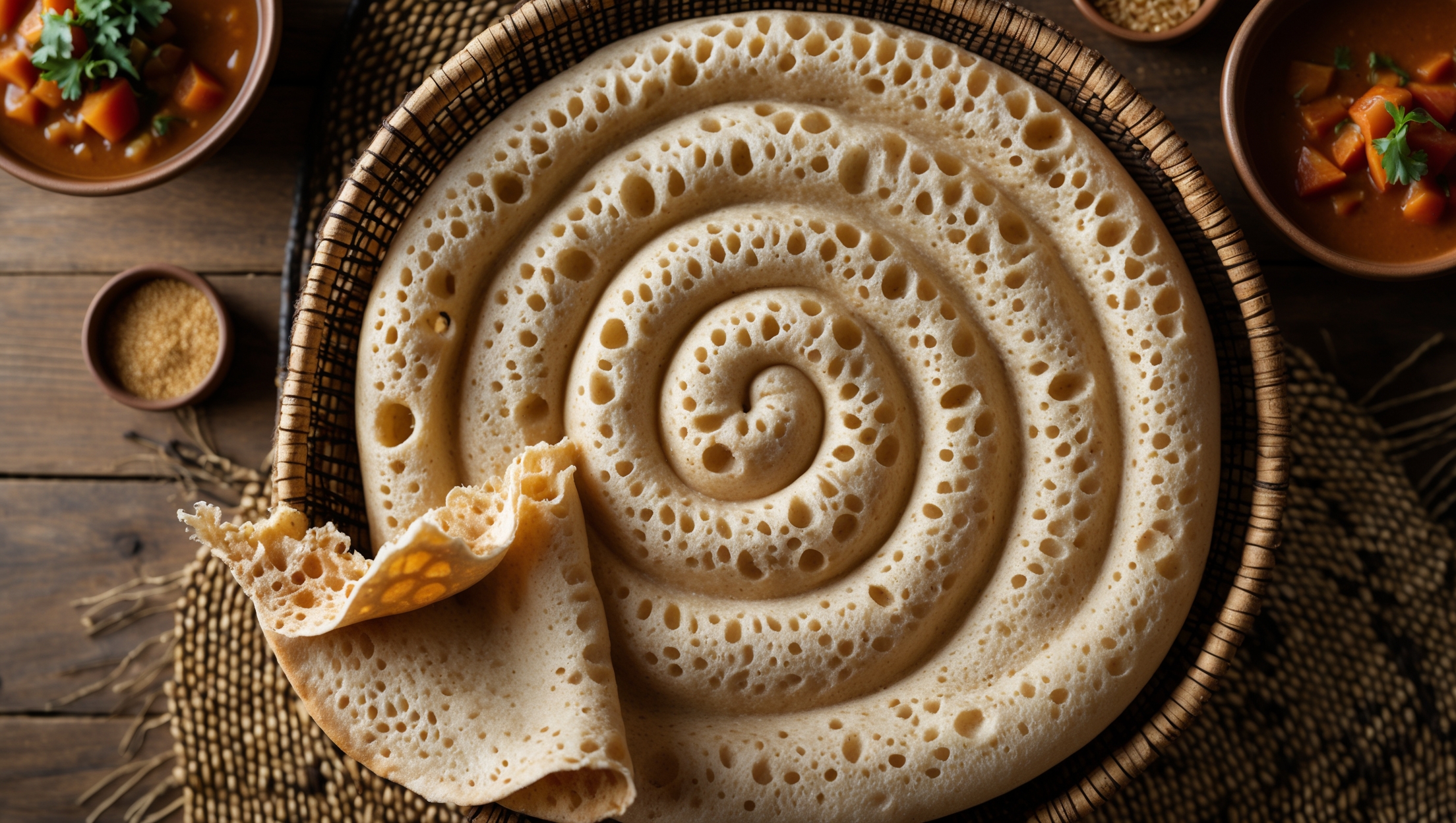 An overhead shot captures the distinctive spiraled texture of the injera, showcasing its unique bubbled surface with tiny eyes and spongy consistency against a traditional Ethiopian mesob basket. The warm, amber-toned lighting highlights the flatbread's subtle variations in color from light tan to deeper brown spots where fermentation was most active. In the foreground, a torn piece reveals the bread's airy structure, while the background features small bowls of colorful Ethiopian stews and a sprinkle of raw teff grains for context. The composition balances on a rustic wooden surface with traditional woven placemats, emphasizing the injera's rustic, artisanal quality and fermented aroma.