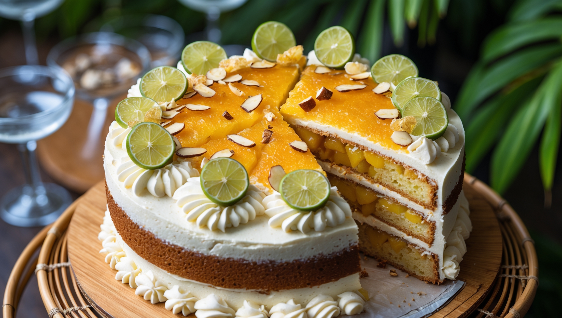 An overhead shot of a three-layer golden cake with vibrant orange-yellow pineapple filling peeking from between the layers. The cake is frosted with pale cream buttercream that's been artfully swirled and topped with candied lime slices, toasted almond slivers, and a light dusting of orange zest. The cake sits on a bamboo serving platter against a backdrop of tropical leaves, with cocktail glasses blurred in the background. Natural daylight streams in from the side, highlighting the moist crumb visible in a slice that's been removed, revealing the rum-soaked layers and glistening fruit filling.