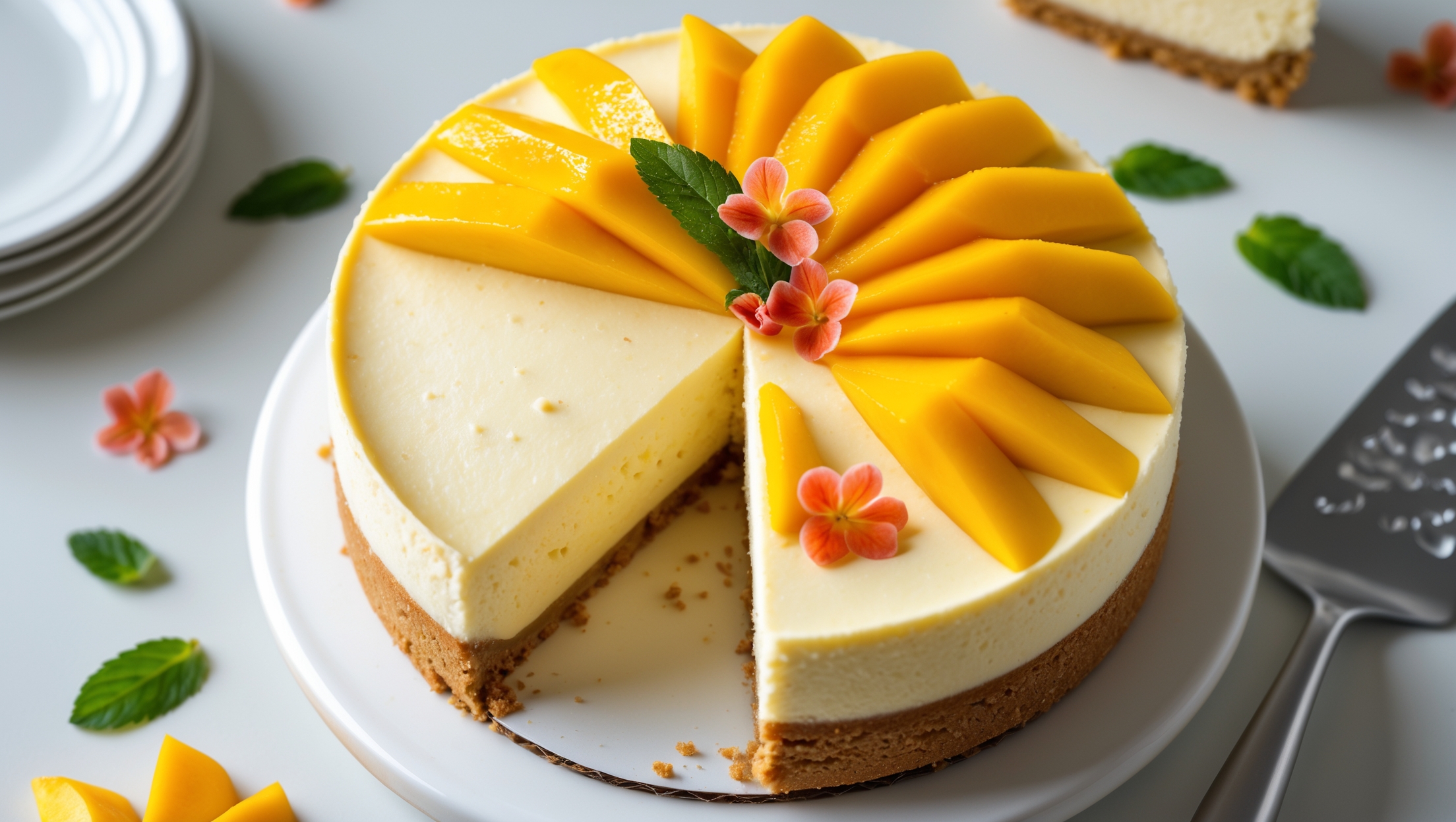 An overhead shot of a perfectly sliced mango cheesecake revealing its distinct layers – a golden biscuit crust, creamy pale yellow filling, and glossy mango topping with fresh mango slices arranged in an overlapping pattern. Captured in soft natural light that highlights the silky texture of the filling and the vibrant orange-yellow hues of the mango. The cheesecake sits on a white ceramic cake stand with a silver cake server beside it, while scattered fresh mint leaves and a few edible flowers provide color contrast. Tiny droplets of moisture on the mango slices suggest freshness, and the clean slice reveals the impeccable setting of the dessert.