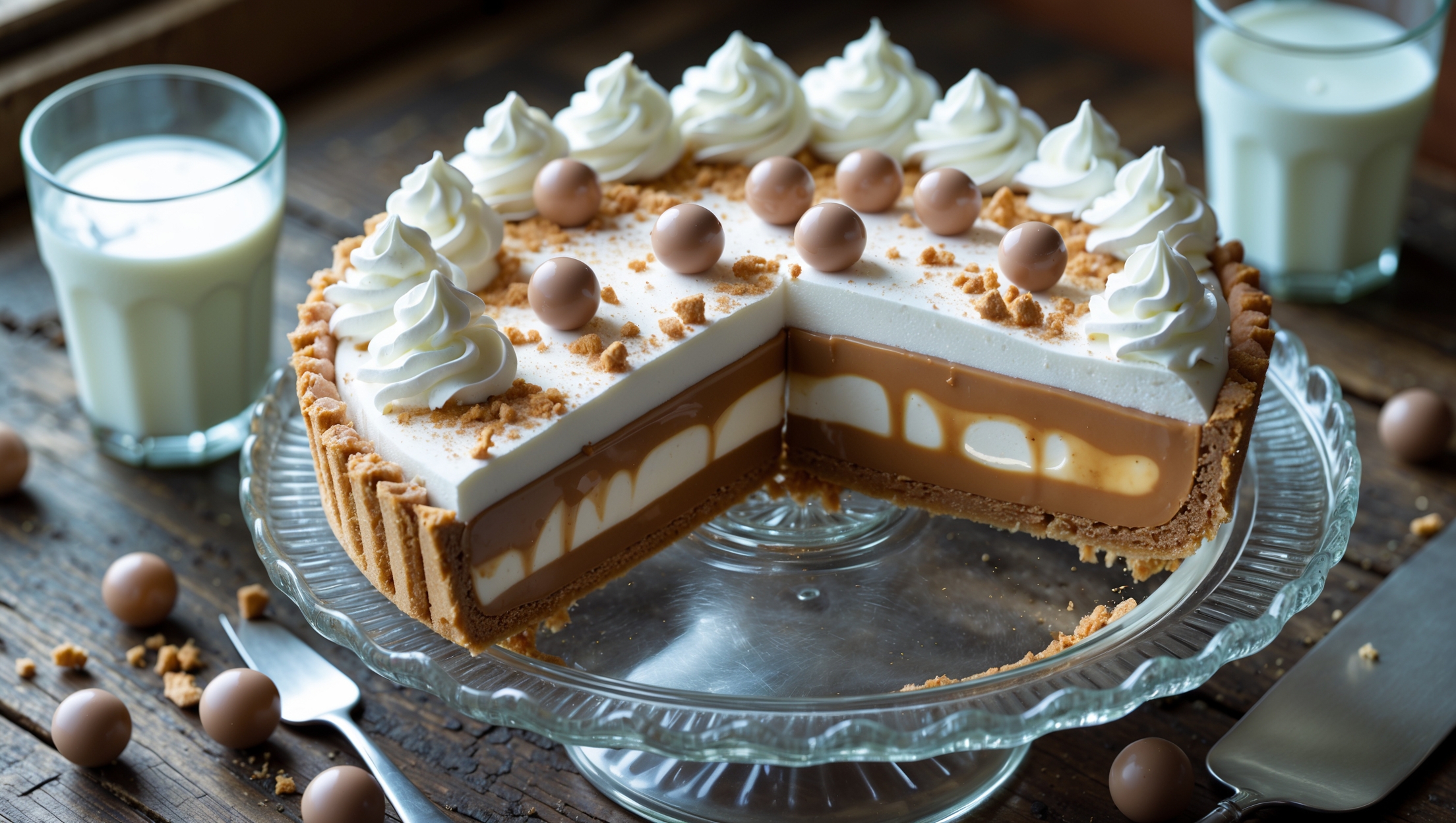 Overhead shot of a perfectly sliced malted milk cream pie on a vintage milk-glass cake stand, with one slice partially pulled away to reveal its distinct layers. Natural window light highlights the contrast between the golden-brown graham cracker crust, the caramel-toned malted milk filling, and the pillowy white whipped cream topping dusted with crushed malted milk balls. Small glasses of milk and scattered whole malted milk balls decorate the rustic wooden table surface, while the pie's smooth, glossy filling catches the light beautifully against the textured crust.
