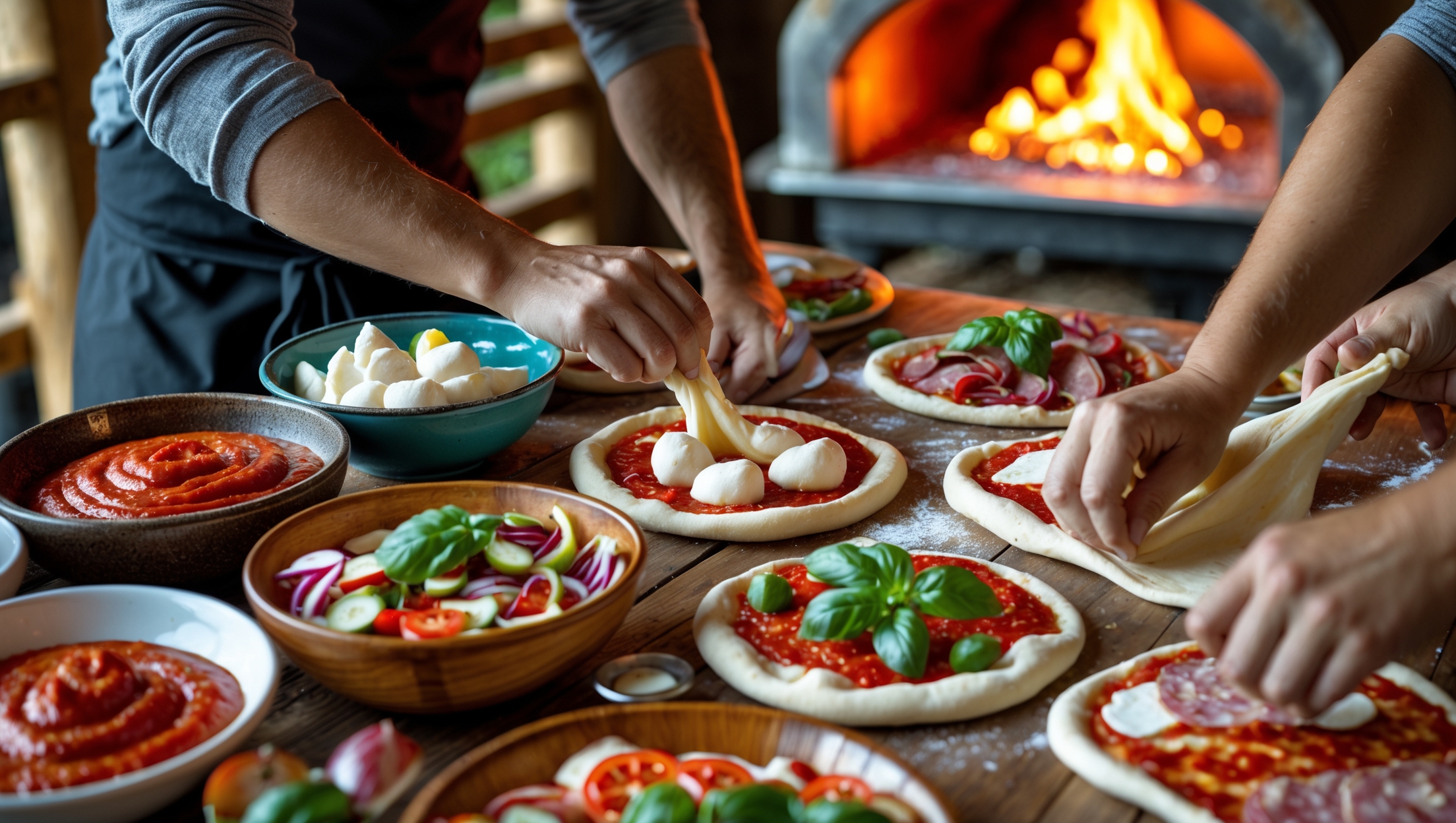 An overhead shot of a vibrant make-your-own pizza station bathed in warm natural light, featuring a rustic wooden table arranged with colorful bowls of various toppings - bright red tomato sauce, creamy white mozzarella, verdant basil leaves, glistening olive oil, and an assortment of sliced vegetables and meats. In the foreground, several hands stretch and top individual portions of dough in different stages of creation, while in the background, a wood-fired oven glows with amber flames. The scene captures the interactive, communal nature of the experience with partial views of finished pizzas displaying perfectly bubbled crusts and melted cheese, emphasizing the customizable aspect of this entertaining food activity.