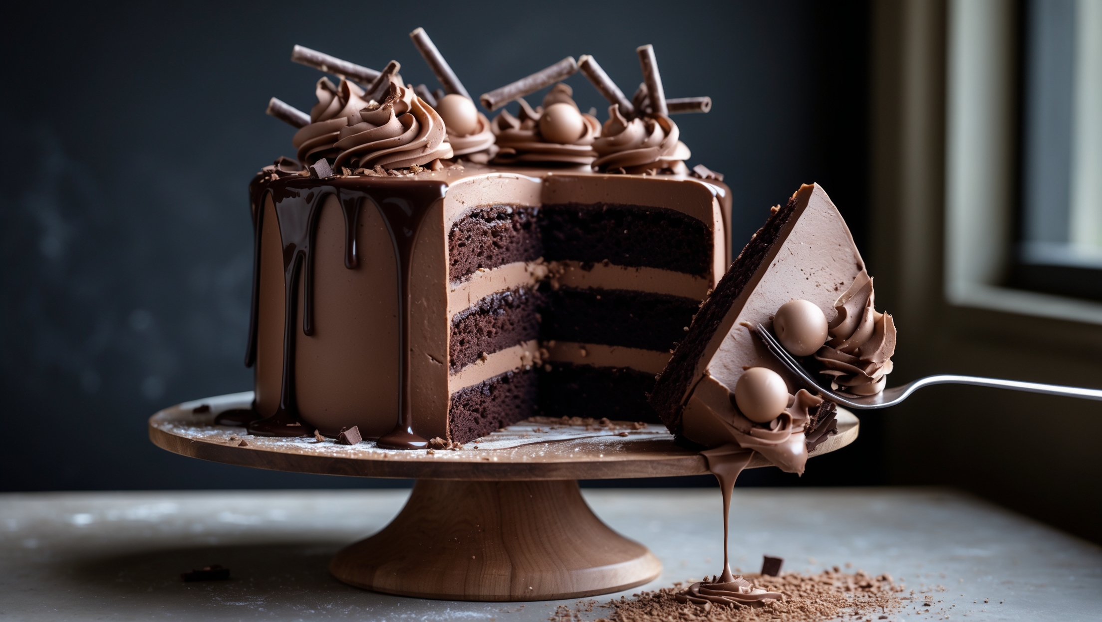 An elegant three-layer chocolate cake photographed in soft window light against a matte black backdrop, creating dramatic contrast with the cake's deep brown exterior. A cross-section reveals moist, tender chocolate layers separated by smooth malted chocolate buttercream. The top features a glossy chocolate ganache dripping artfully down the sides, with crushed malted milk balls and chocolate curls creating visual texture. A slice being lifted away shows the perfect crumb structure while malted milk powder dusts the wooden cake stand below, hinting at the secret ingredient that gives this cake its distinctive flavor profile.