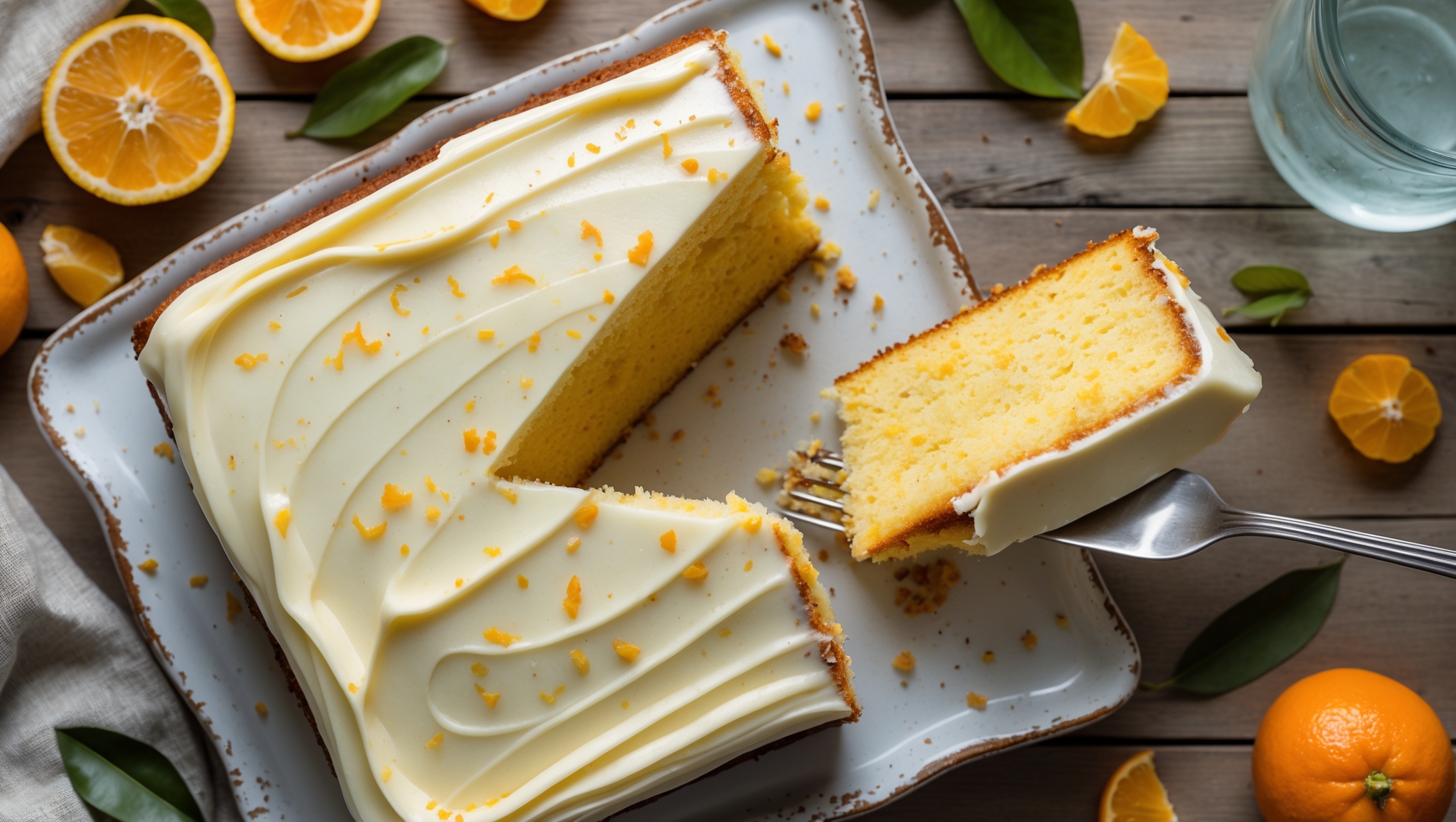 Overhead shot of a golden-yellow sheet cake with visible specks of mandarin zest throughout, captured in soft natural light streaming through a kitchen window. The cake sits on a vintage white ceramic platter, its surface covered with a smooth, ivory cream cheese frosting that drips slightly at the edges. A cross-section view reveals the cake's exceptionally moist, tender crumb that contrasts beautifully with the creamy topping. Scattered around the composition are fresh mandarin segments, a few peeled whole fruits, and citrus leaves for color. A slice being lifted from the cake shows a perfect forkful, with the frosting clinging delicately to the cake beneath. The scene is styled on a rustic wooden table with linen napkins and a pitcher of orange-infused water nearby.