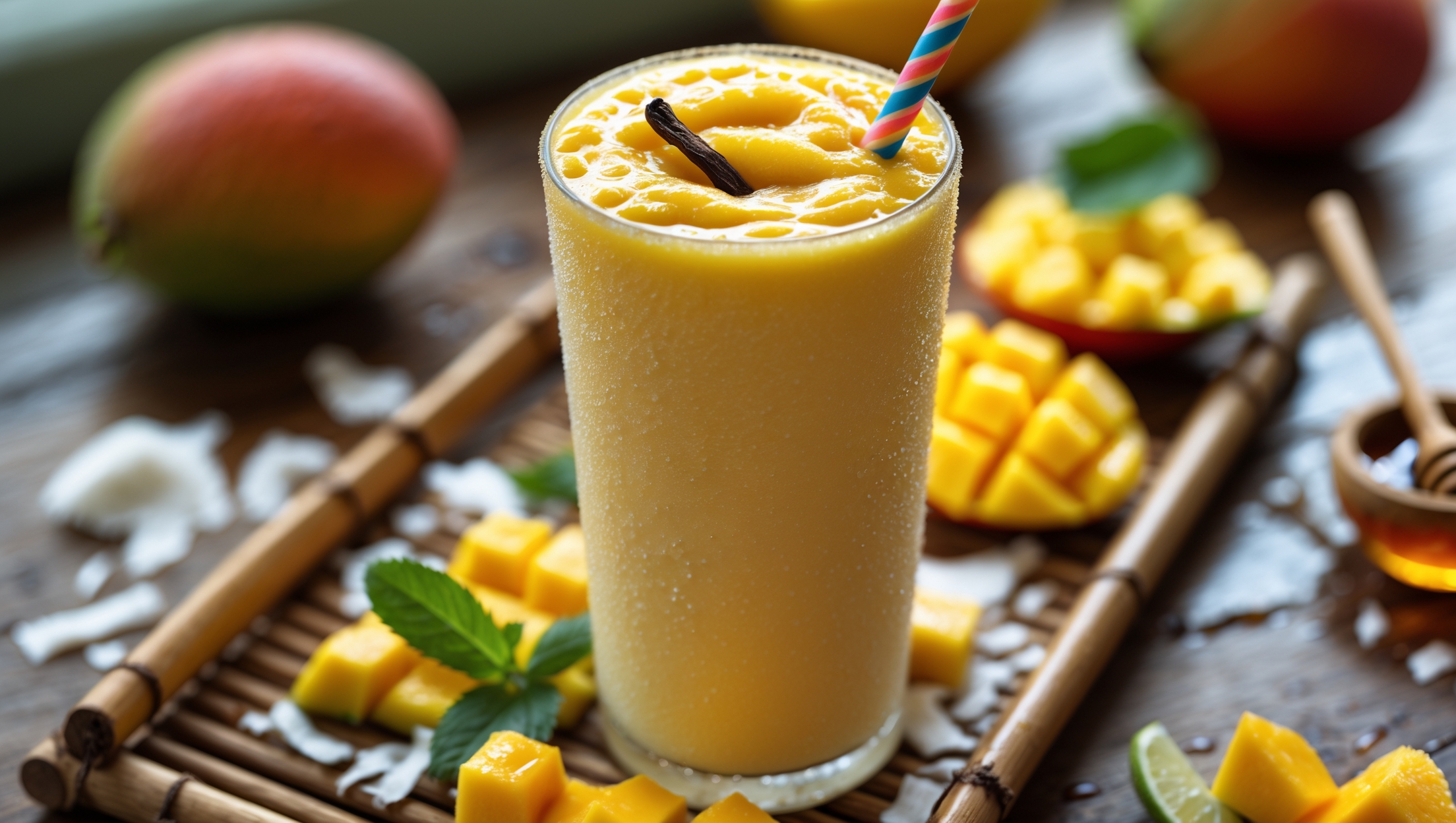 An overhead shot of a tall, frosted glass filled with a sunshine-yellow mango smoothie, showing the thick, creamy texture with tiny specks of vanilla bean visible throughout. The glass sits on a rustic bamboo tray surrounded by fresh mango chunks, a sprinkle of shredded coconut, and mint leaves catching the soft natural light. A colorful paper straw stands in the glass, and droplets of condensation glisten on the outside, suggesting refreshing coolness. In the background, blurred tropical fruits and a small pot of honey with a wooden dipper create depth and context to this tropical treat.