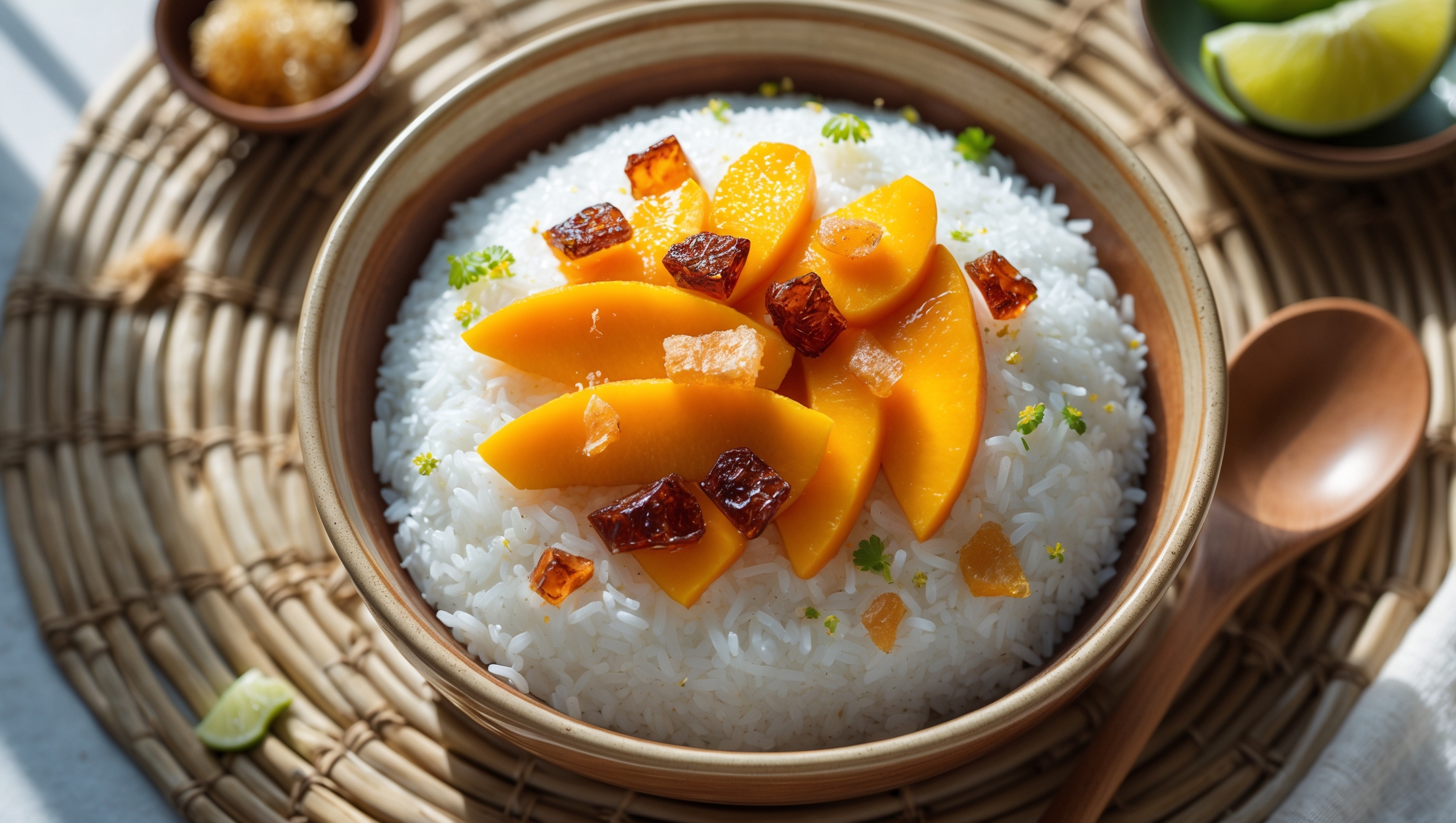 An overhead shot of a glazed ceramic bowl containing a mound of pearly white coconut rice surrounded by vibrant slices of golden-orange caramelized mangoes. Sprinkled across the top are bronze-hued pieces of crystallized ginger, toasted coconut flakes, and tiny bright green specks of lime zest. Natural light streams in from the left, highlighting the glossy mango slices and creating gentle shadows. The bowl sits on a woven rattan placemat with a small dish of extra ginger and a halved lime in the background, suggesting freshness. A wooden spoon rests alongside, ready to dive into the contrasting textures of the soft rice and juicy fruit.