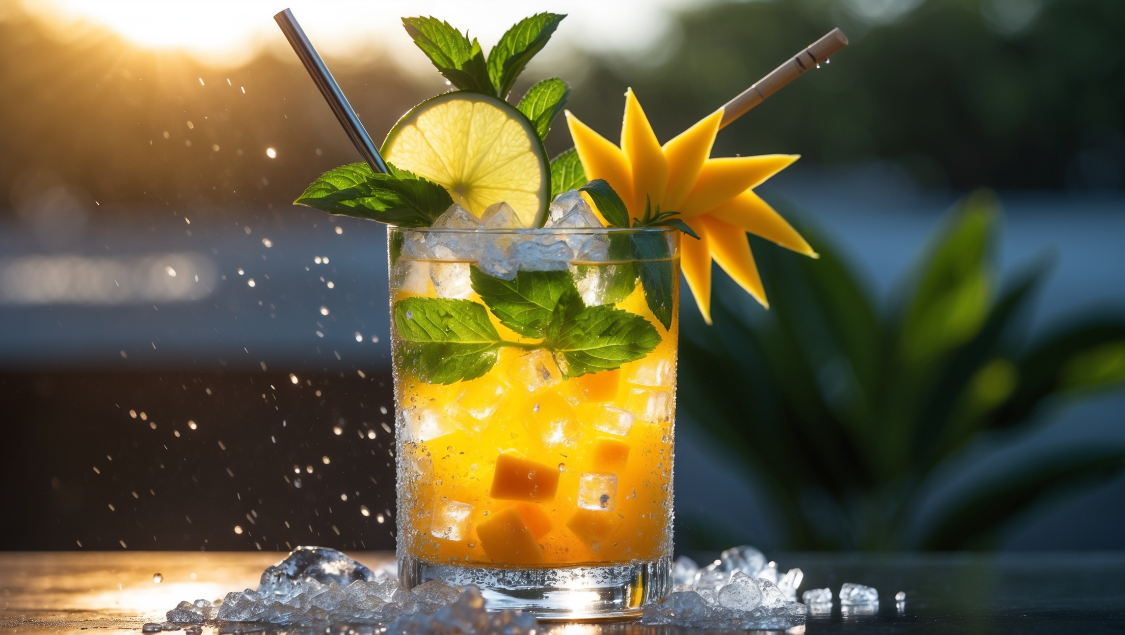 A tall collins glass filled with crushed ice and a vibrant orange-yellow mango mojito, backlit by golden hour sunlight highlighting the drink's tropical hue. Fresh mint sprigs burst from the top, alongside a perfectly positioned lime wheel and mango fan garnish. Condensation beads dramatically down the glass, capturing the drink's refreshing nature. Ice crystals glisten through the semi-translucent cocktail, revealing layers of muddled mint and tiny mango pieces. A metal straw leans against the side, with a bamboo cocktail stirrer resting across the top, emphasizing the drink's tropical island pedigree.