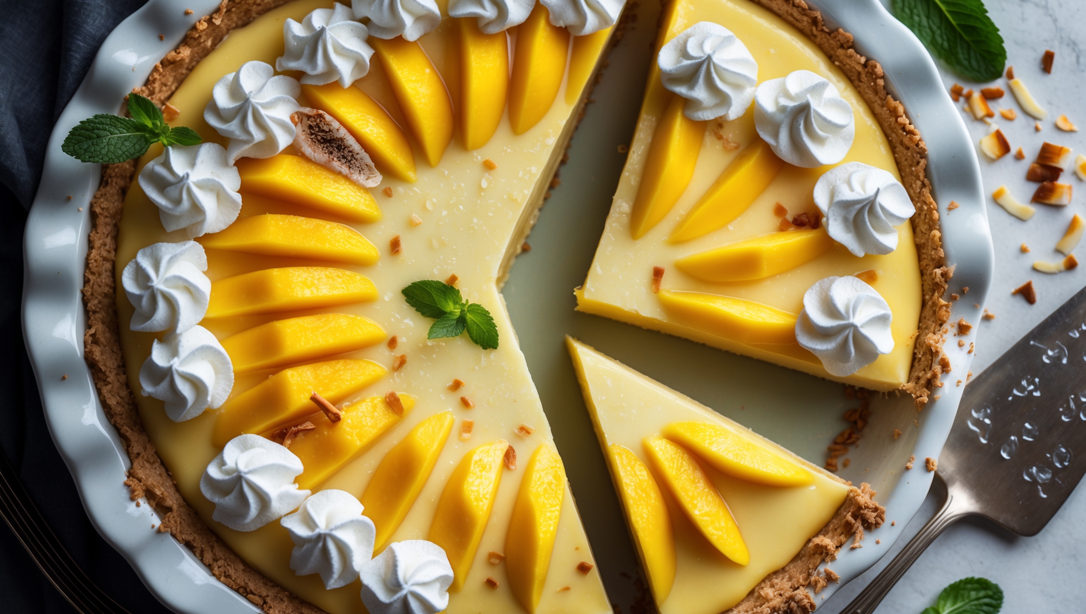 An overhead shot of a perfectly sliced mango cream pie showcasing its stunning golden-yellow custard layer topped with pillowy whipped cream rosettes. Soft natural light highlights the glistening mango slices arranged in a decorative pattern across the top, creating vibrant contrast against the cream. The flaky, golden-brown crust provides a rustic frame, with a few fresh mint leaves and scattered toasted coconut adding texture. Condensation beads on the chilled filling suggest refreshing coolness, while a vintage silver server rests beside the pie on a white ceramic cake stand, ready to lift a perfect wedge revealing the distinct creamy layers within.