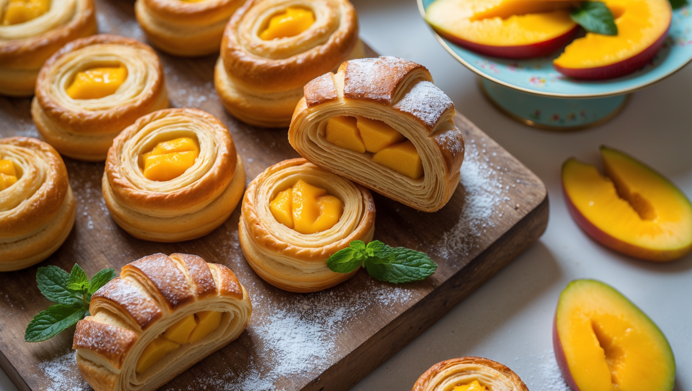 An overhead shot captures golden-brown Mango Danish pastries arranged on a rustic wooden board, their laminated layers visible in perfect swirls. In soft natural light, the vibrant orange-yellow mango filling glistens at the center of each pastry, with a thin glaze adding a subtle sheen. A cross-section view reveals the distinct flaky layers of the Danish dough contrasting with the smooth mango filling. Fresh mango slices and a sprig of mint garnish the corner of the board, while a vintage cake stand in the background holds additional pastries. A dusting of powdered sugar creates delicate highlights against the caramelized edges of the pastries.
