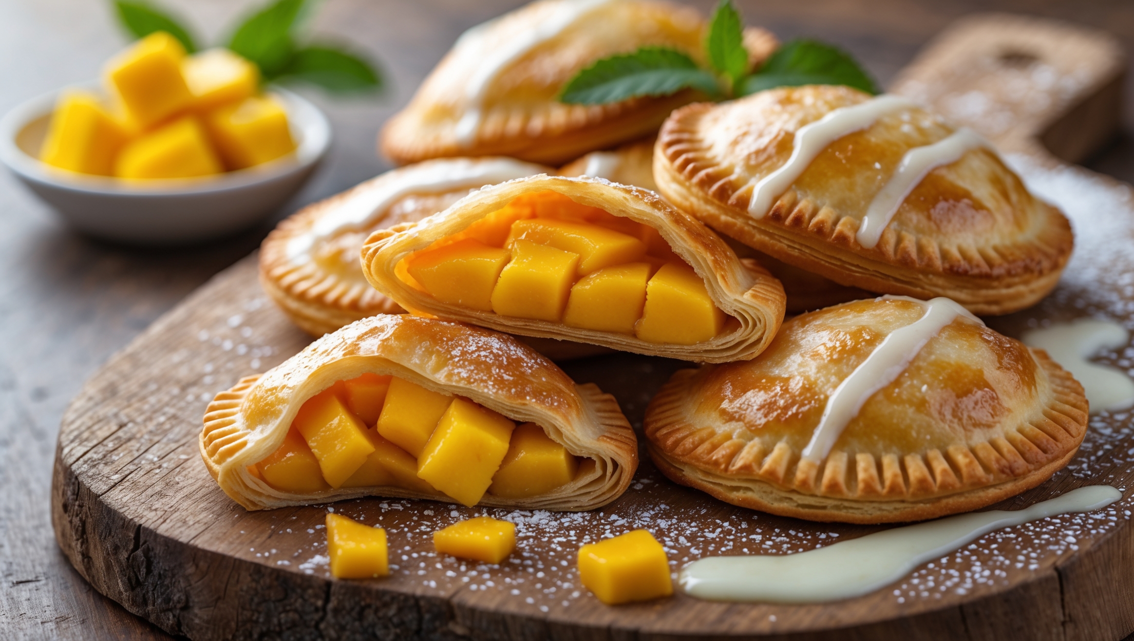 Close-up shot of golden-brown mango hand pies resting on a distressed wooden serving board, with a cross-section view revealing the vibrant orange-yellow mango filling oozing slightly from one broken pie. Soft natural light highlights the flaky, laminated layers of the pastry and the caramelized sugar crystals on top. In the background, a small bowl of fresh mango cubes and a sprig of mint provide color contrast, while a light dusting of powdered sugar creates visual texture. A drizzle of white glaze zigzags across several pies, catching the light with its glossy finish.