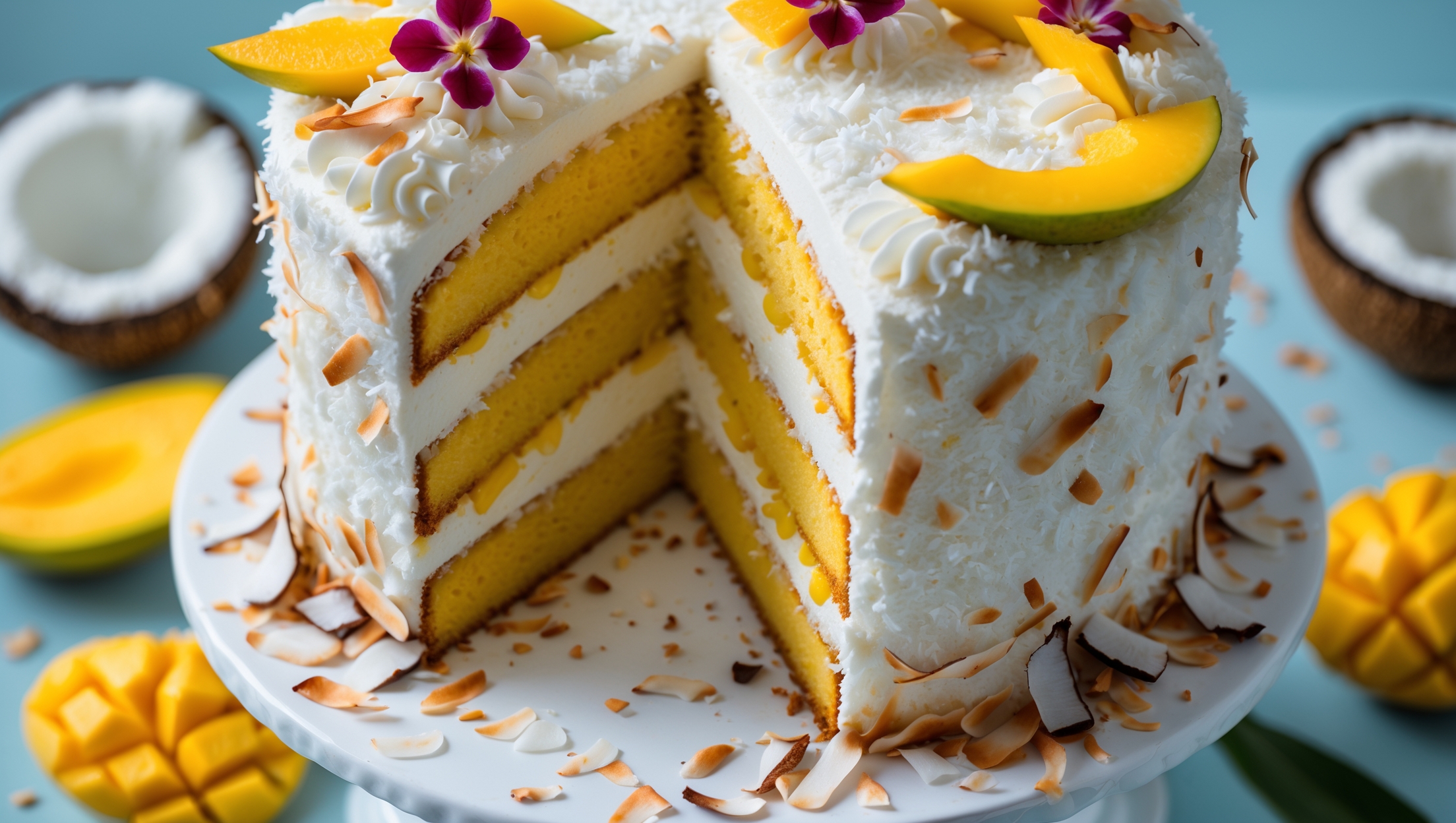 Overhead shot of a three-layered cake with vibrant yellow mango filling peeking between pristine white coconut-flecked cake layers, captured in soft natural light. A cross-section view reveals the moist crumb texture contrasting with the smooth, tropical mango cream. The exterior is frosted with cloud-like coconut buttercream and decorated with toasted coconut flakes cascading down the sides. Fresh mango slices and edible flowers crown the top, creating a pop of color against the white frosting. The cake sits on a white ceramic cake stand against a pale blue backdrop, with scattered fresh mangoes and coconut shells adding tropical context.