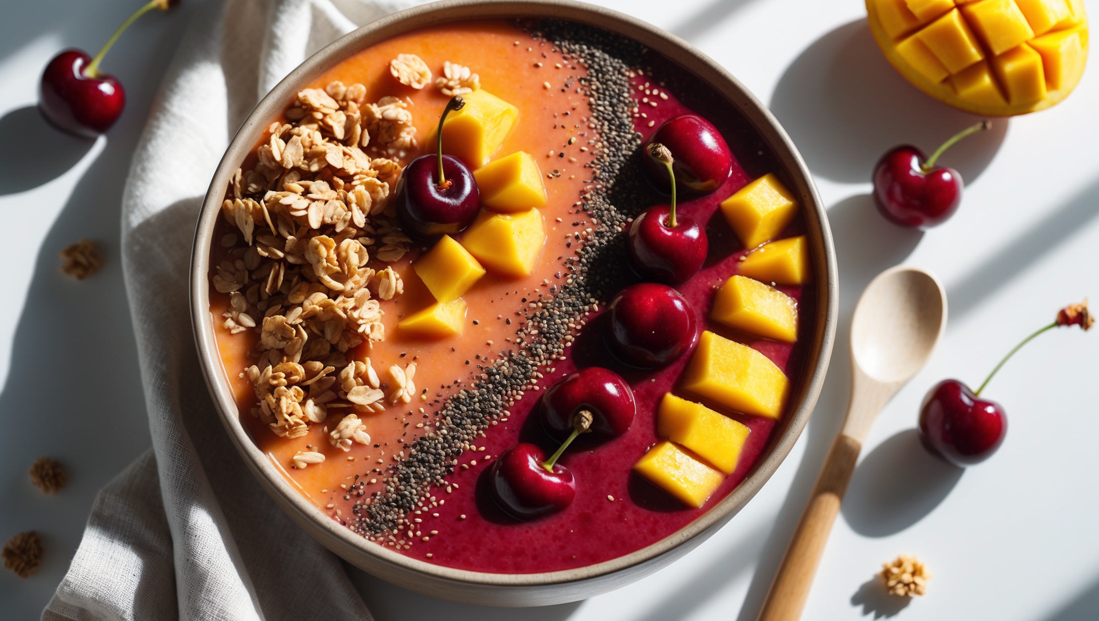 An overhead shot of a wide ceramic smoothie bowl with a vibrant orange-red gradient smoothie base that showcases the perfect blend of mango and cherry. The smoothie is topped with artfully arranged fresh mango chunks, whole cherries, a sprinkle of chia seeds, and a cluster of crunchy granola along one edge. Natural morning light streams in from the side, highlighting the glossy surface of the smoothie and creating gentle shadows. A wooden smoothie spoon rests beside the bowl on a light-colored linen napkin, while scattered fresh cherries and mango slices create visual interest around the composition. The contrast between the smooth, blended base and the textured toppings creates an appealing visual dimension that highlights the fresh, homemade quality of the recipe.