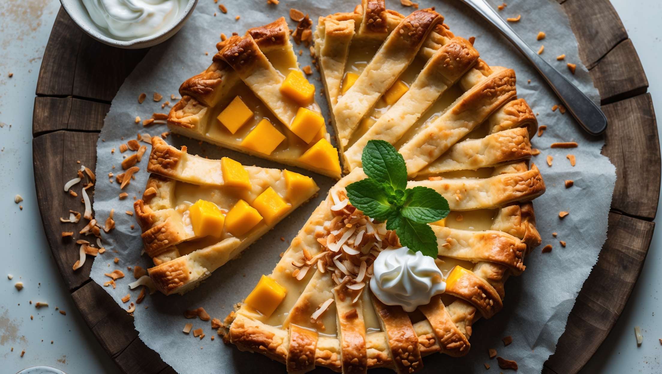 An overhead shot of a golden-brown Mango Coconut Pie with a rustic lattice crust, revealing vibrant orange mango pieces peeking through the creamy coconut filling. The pie sits on a weathered wooden serving board, captured in soft natural light that highlights the flaky layers of pastry. A slice has been removed, showcasing the perfect cross-section where bright mango chunks are suspended in the coconut custard. Fresh mint leaves and a scattering of toasted coconut flakes garnish the surface, while a small bowl of whipped cream waits alongside. The warm, golden tones of the crust contrast beautifully with the tropical filling, with thin streams of coconut caramelization visible at the edges.
