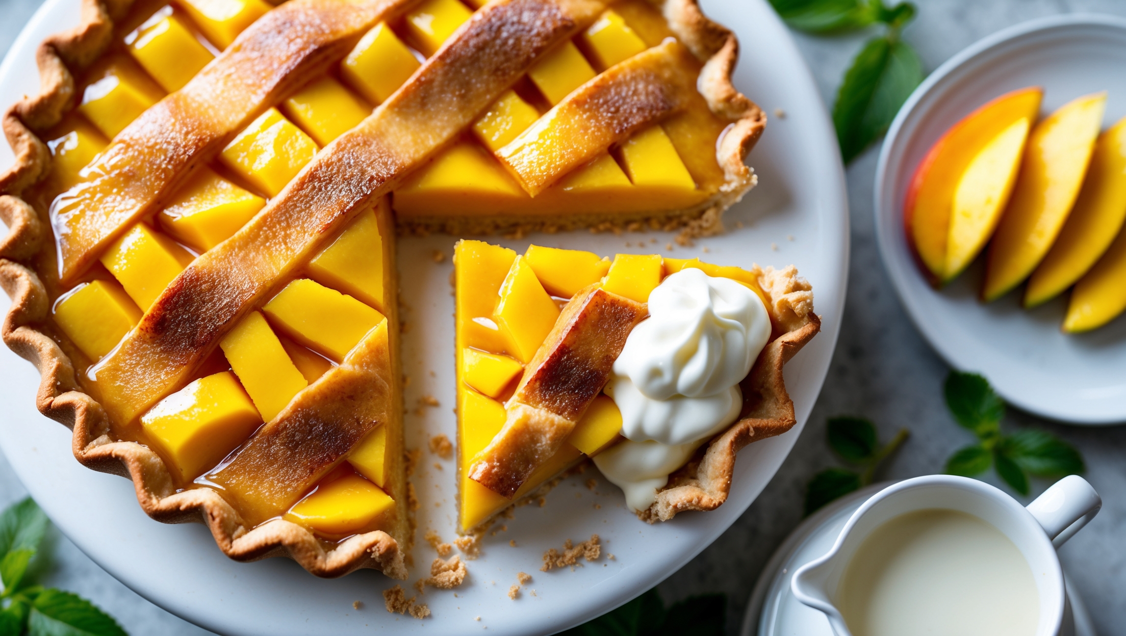 Overhead shot of a golden-brown mango pie with an intricate lattice top, where vibrant yellow-orange filling peeks through the gaps. Soft natural light accentuates the sugary sparkle on the crust and the glossy finish of the mango filling. A slice has been cut to reveal layers of perfectly arranged fresh mango pieces suspended in a silky custard. The pie rests on a white ceramic cake stand with fresh mango slices and mint leaves scattered artfully around the base. A small pitcher of cream sits alongside, ready to be poured over the warm slice, with condensation forming on its surface suggesting the pie is freshly baked.