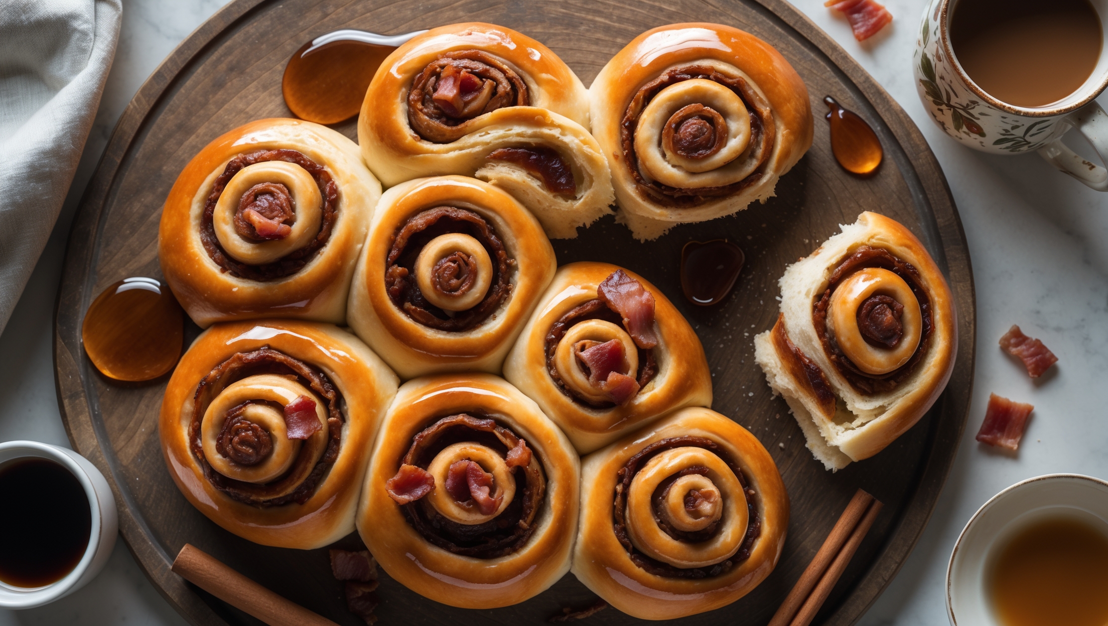 An overhead shot of golden-brown maple bacon breakfast rolls arranged on a rustic wooden serving board, with one roll pulled slightly apart to reveal the spiral of cinnamon-maple filling studded with crispy bacon pieces. A glossy maple glaze drips enticingly down the sides, catching the soft morning light streaming through a nearby window. Scattered around the board are maple syrup droplets, cinnamon sticks, and small pieces of caramelized bacon, while a vintage ceramic mug of coffee sits alongside. The contrast between the amber-hued glaze, the deep brown cinnamon swirls, and the reddish bacon bits creates a rich color palette that emphasizes the sweet-savory nature of these indulgent breakfast rolls.