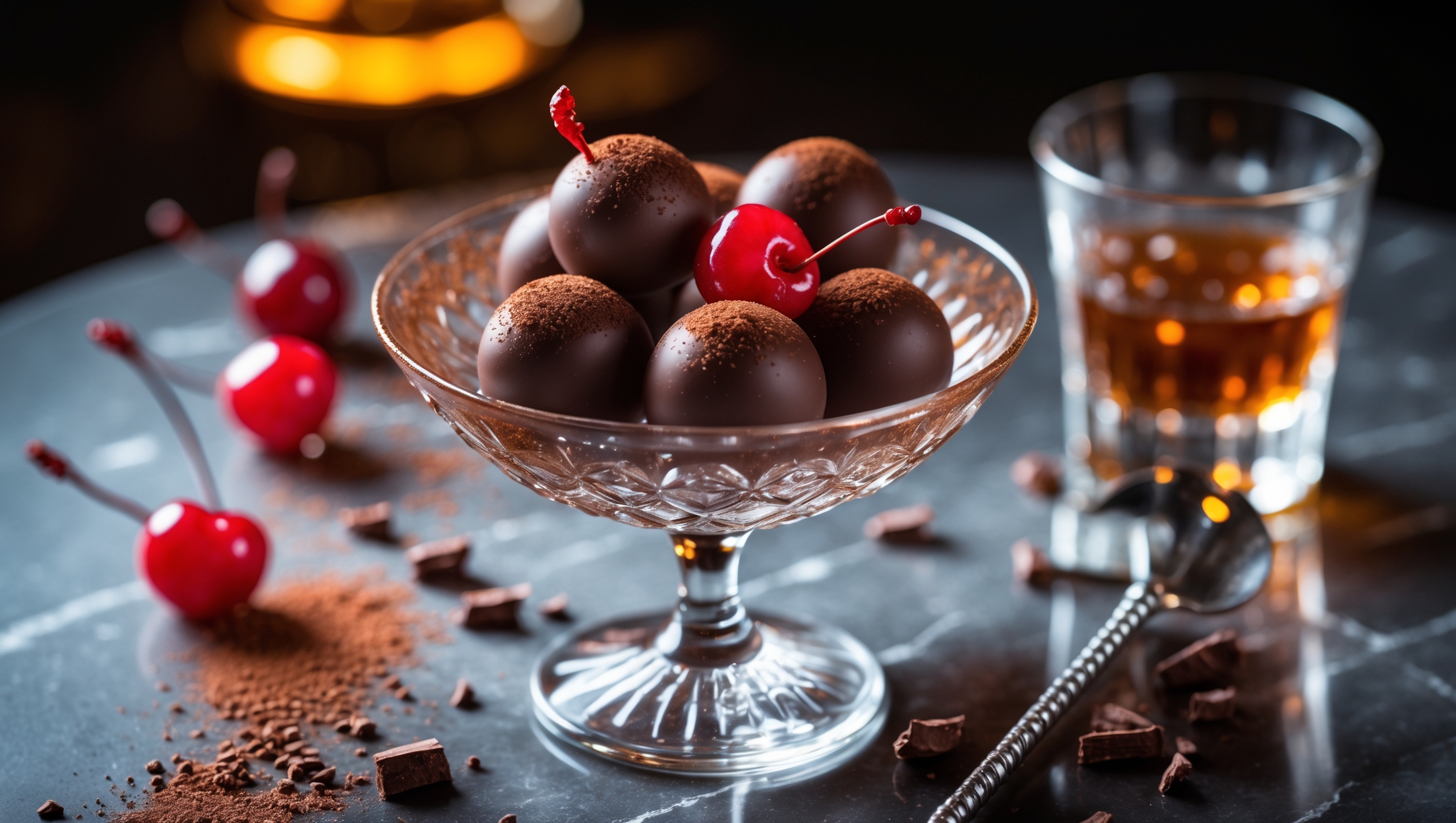 An overhead shot of glossy dark chocolate truffles arranged on a vintage crystal cocktail coupe, dusted with cocoa powder and garnished with candied cherries. Warm amber backlighting creates a moody atmosphere reminiscent of an upscale cocktail bar, highlighting the chocolate's sheen and the red glow of the cherries. A small glass of whiskey sits nearby with a cocktail stirrer, while scattered cocoa nibs and a few drops of bitters create visual interest on the marble surface below, embodying the essence of the Manhattan cocktail in confectionery form.