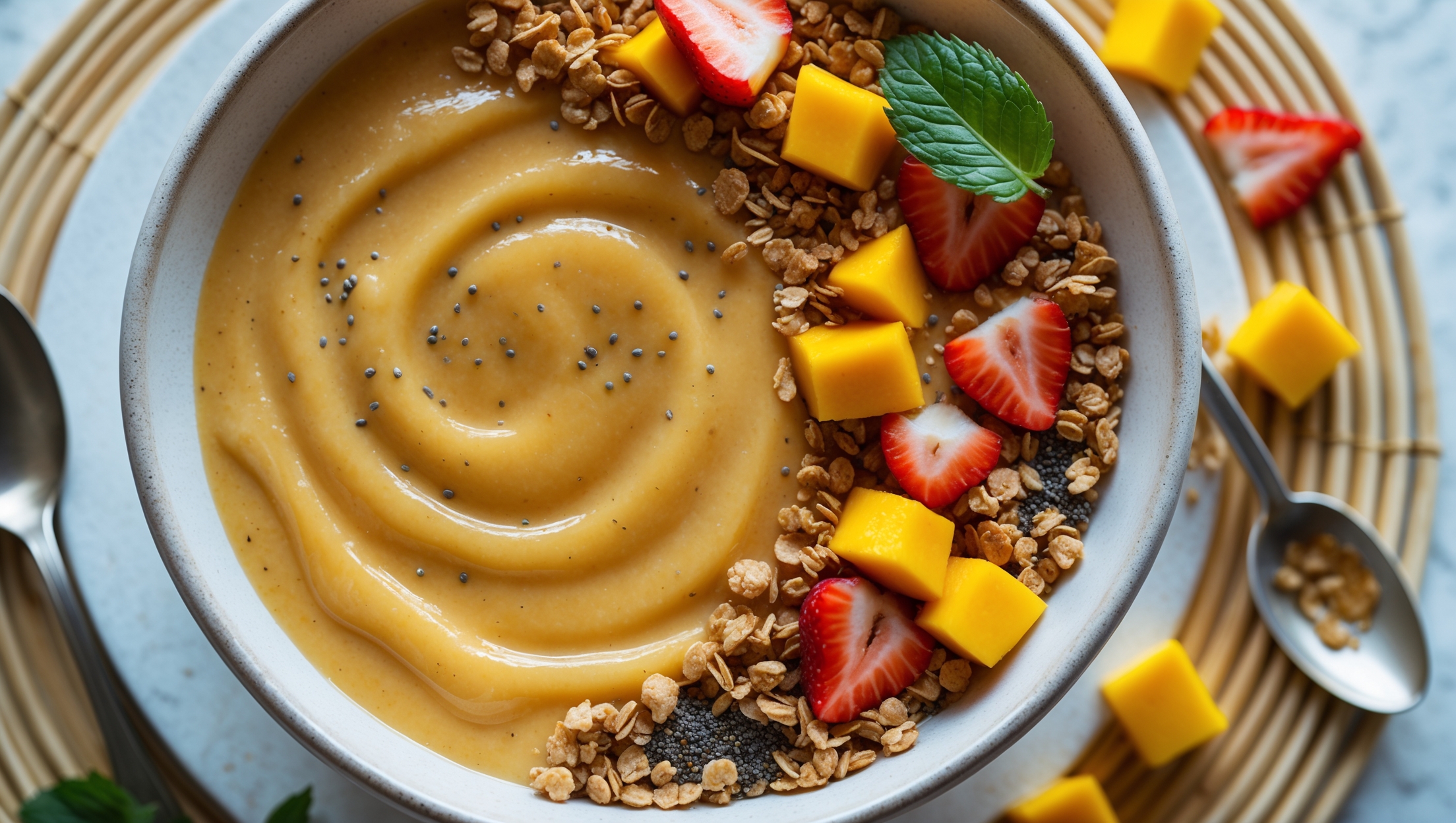 An overhead shot of a smoothly blended mango smoothie served in a white ceramic bowl, its sunrise-orange hue glowing under soft natural light. The thick, creamy smoothie is artfully topped with a crescent of homemade golden-brown granola clusters, diced fresh mango cubes, sliced strawberries, and a sprinkle of chia seeds. Visible swirls from the blending process create a marbled effect on the surface. The bowl sits on a light bamboo placemat with a vintage silver spoon resting alongside, while scattered mango slices and mint leaves frame the composition, suggesting freshness and tropical flavors.