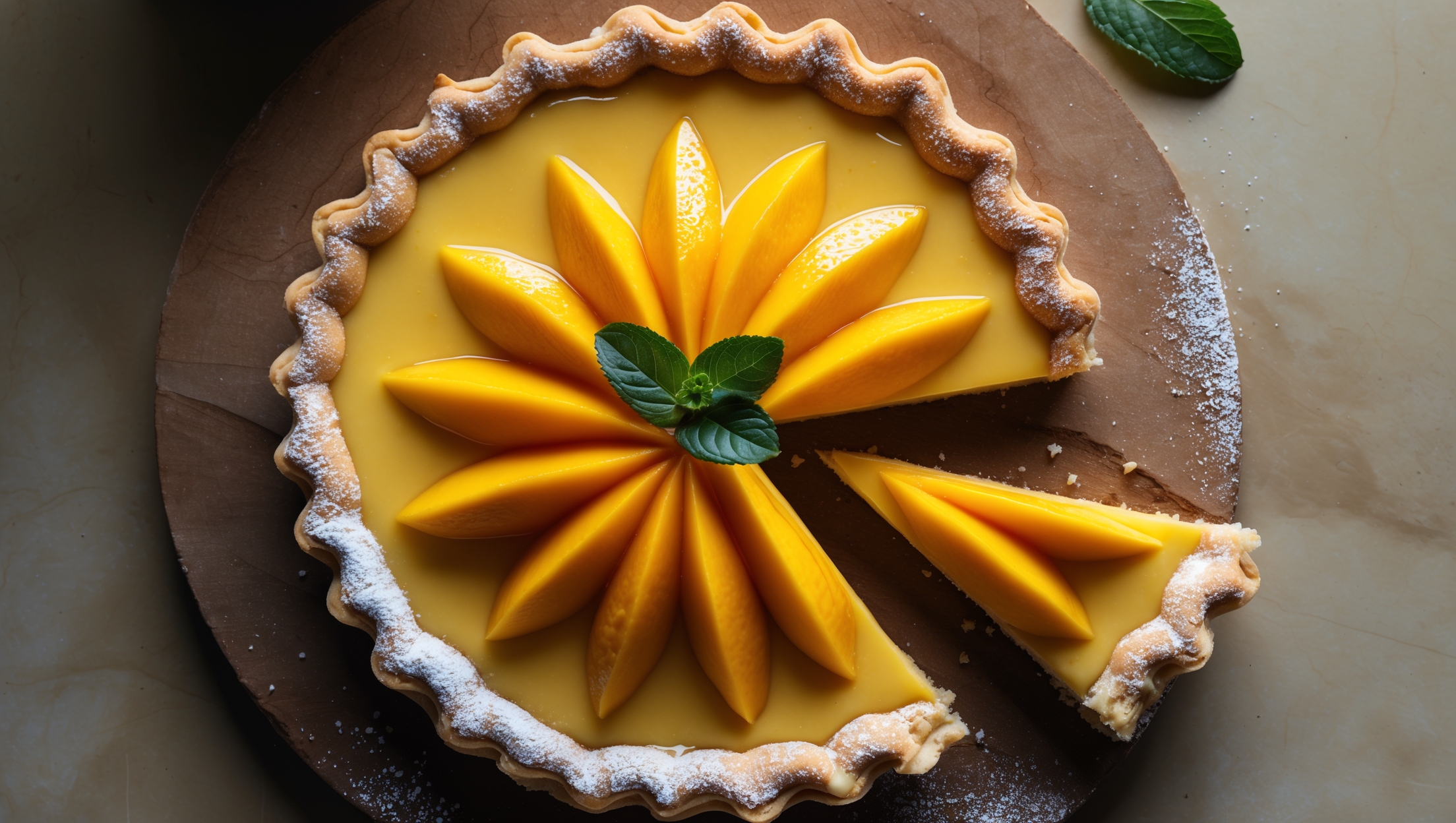 An overhead shot of a golden-brown tart with a perfectly crimped edge, filled with sunshine-yellow mango custard and topped with a geometric arrangement of glossy fresh mango slices. Soft natural light illuminates the glistening fruit, highlighting the contrast between the vibrant orange-yellow mangoes and the crisp, sandy-textured pastry shell. A few mint leaves add pops of green, while a dusting of powdered sugar creates visual dimension. The tart sits on a rustic wooden board with a slice being removed, revealing the smooth custard layer beneath the perfectly arranged fruit topping.