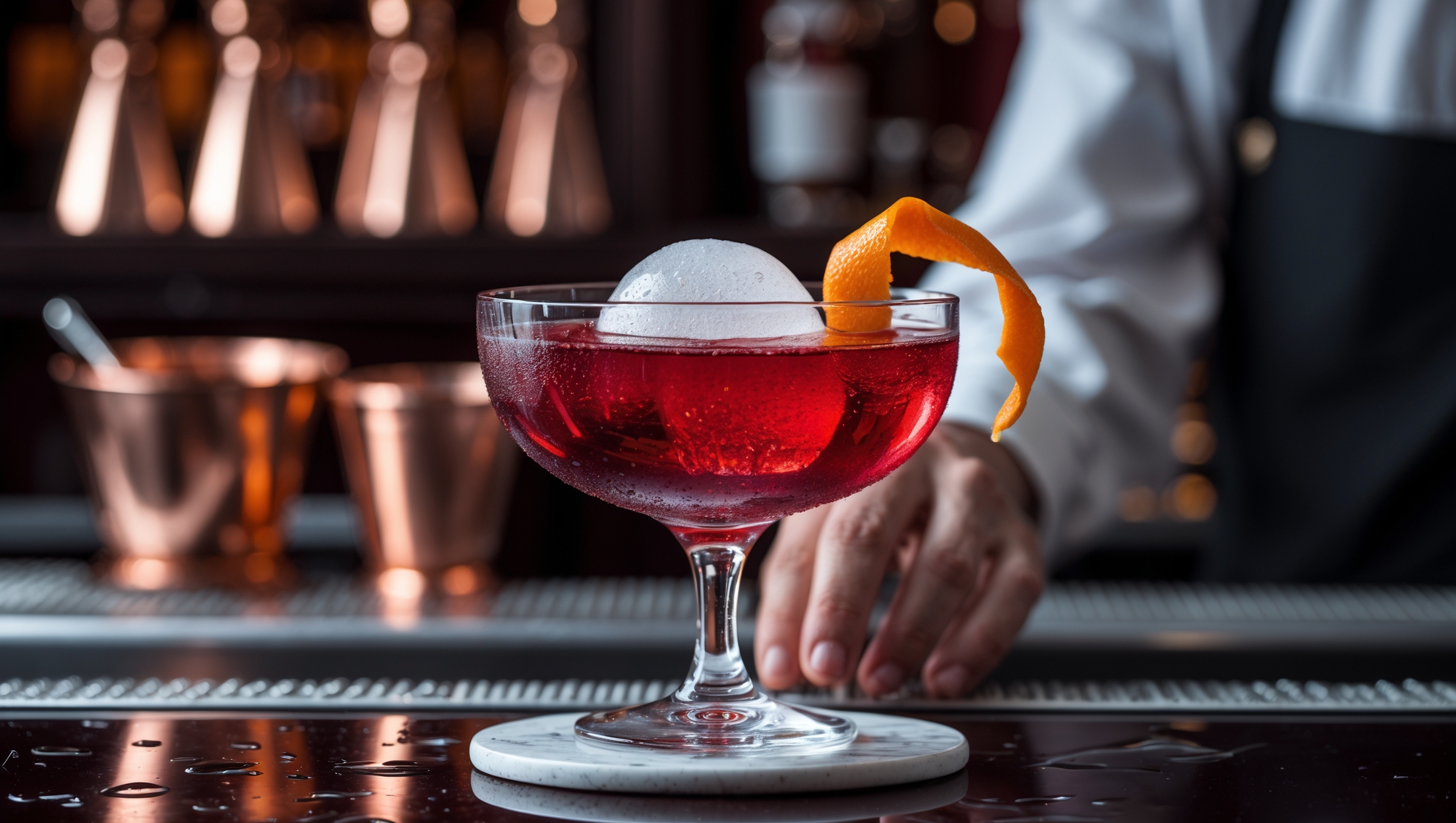 A Manhattan is presented in a vintage crystal coupe glass against a dark mahogany bar backdrop. Dramatic low lighting casts amber reflections through the deep ruby-colored cocktail, highlighting its silky texture and jewel-like clarity. A perfect sphere of clear ice slowly melts at the center, while a meticulously twisted cherry-soaked orange peel rests on the rim. Droplets of condensation form on the outside of the glass, suggesting the perfect temperature. The photograph captures the moment a bartender places the drink on a polished marble coaster, with copper mixing equipment slightly blurred in the background, creating an atmosphere of timeless elegance.