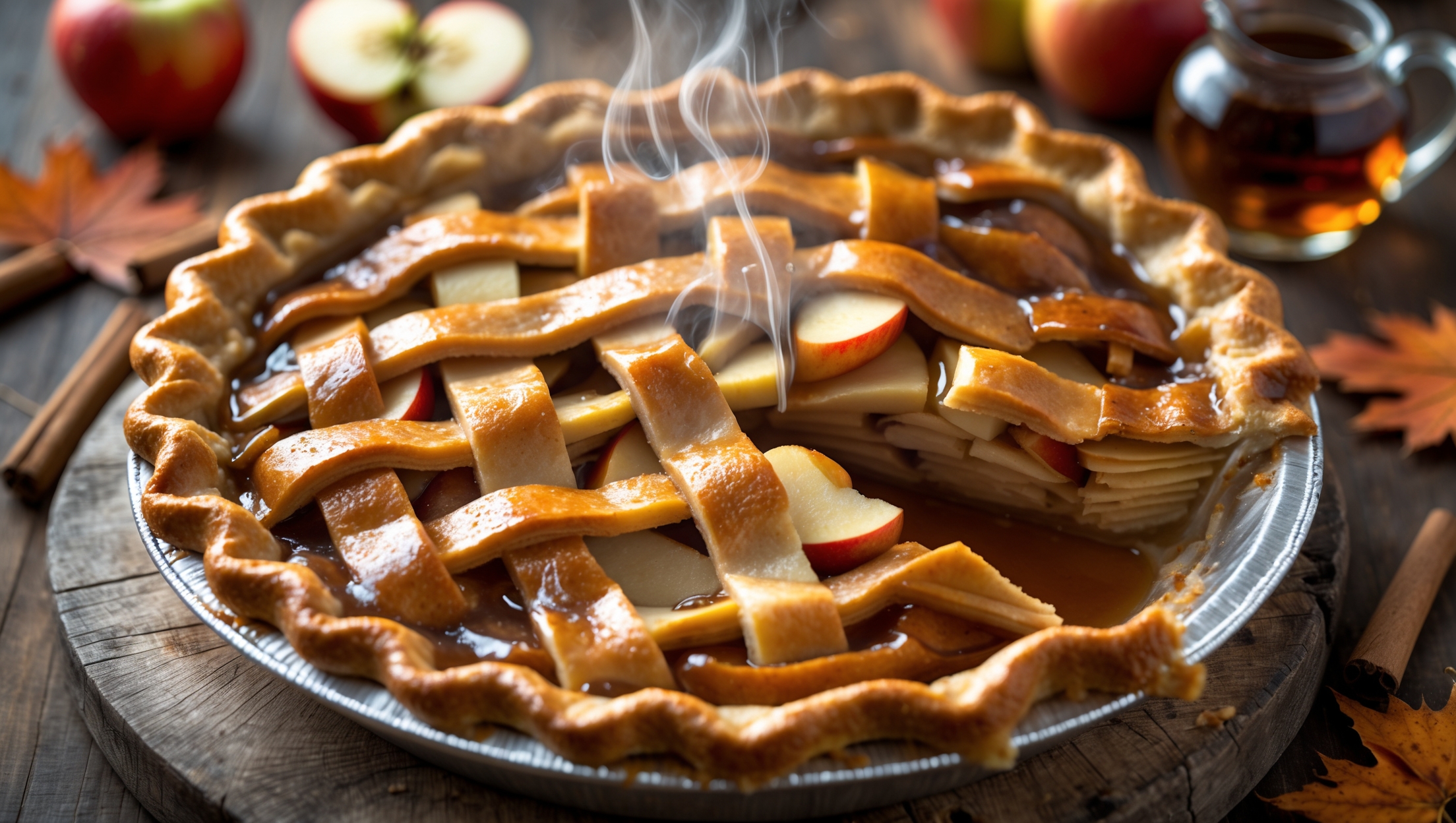 An overhead shot of a golden-brown Maple Apple Pie with a beautifully crimped lattice top, where some of the maple-glazed filling bubbles through the gaps. The pie rests on a weathered wooden serving board, captured in soft natural light that highlights the caramelized sugar crystals along the crust edges. A cross-section view reveals perfectly layered apple slices maintaining their shape while swimming in a thick amber maple sauce. In the background, a small pitcher of additional maple syrup and a scattered arrangement of cinnamon sticks, fresh apples, and maple leaves create a cozy autumn tableau. Steam visibly rises from the freshly sliced piece, emphasizing the pie's warm, inviting nature.