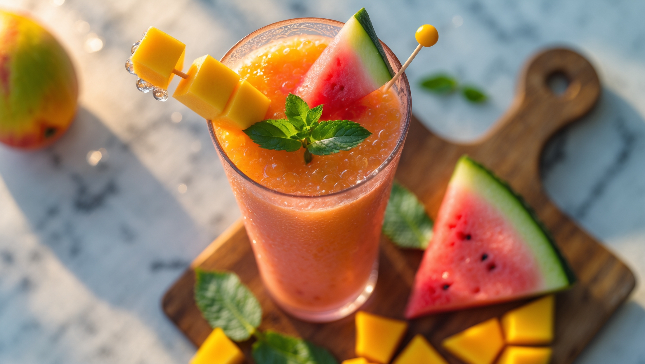 An overhead shot of a tall, clear glass filled with a vibrant orange-pink smoothie, showing the beautiful gradient where mango and watermelon colors meld together. Beads of condensation catch the soft morning light on the glass surface, suggesting refreshing coolness. The smoothie is topped with a small skewer of fresh mango cube and watermelon triangle, with a sprig of mint adding a pop of green. A rustic wooden board beneath features scattered fresh mango slices and watermelon chunks, with a few mint leaves strewn about. The background reveals a white marble counter catching golden summer light, emphasizing the drink's tropical vacation appeal.