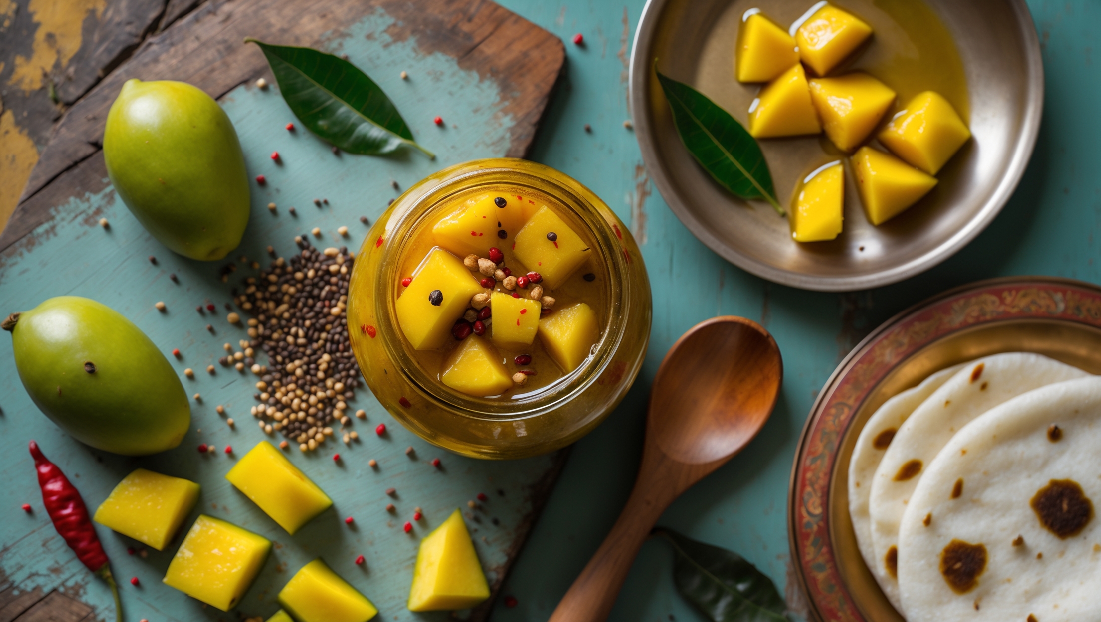 An overhead shot of vibrant yellow-orange mango pickle in a rustic ceramic jar with a wooden spoon resting alongside. The pickle glistens under soft natural light, highlighting the oil-slicked surface and specks of mustard seeds, fenugreek, and red chili flakes. Scattered around the jar are fresh green mango pieces, whole spices, and curry leaves on a weathered wooden board, creating a striking color contrast. A small traditional Indian thali plate in the corner showcases the pickle paired with steaming rice and flatbread, emphasizing its role as a flavorful accompaniment. The rich amber-colored oil creates beautiful translucent edges around the chunky mango pieces, showcasing the pickle's preserved nature and intense spice-infusion.