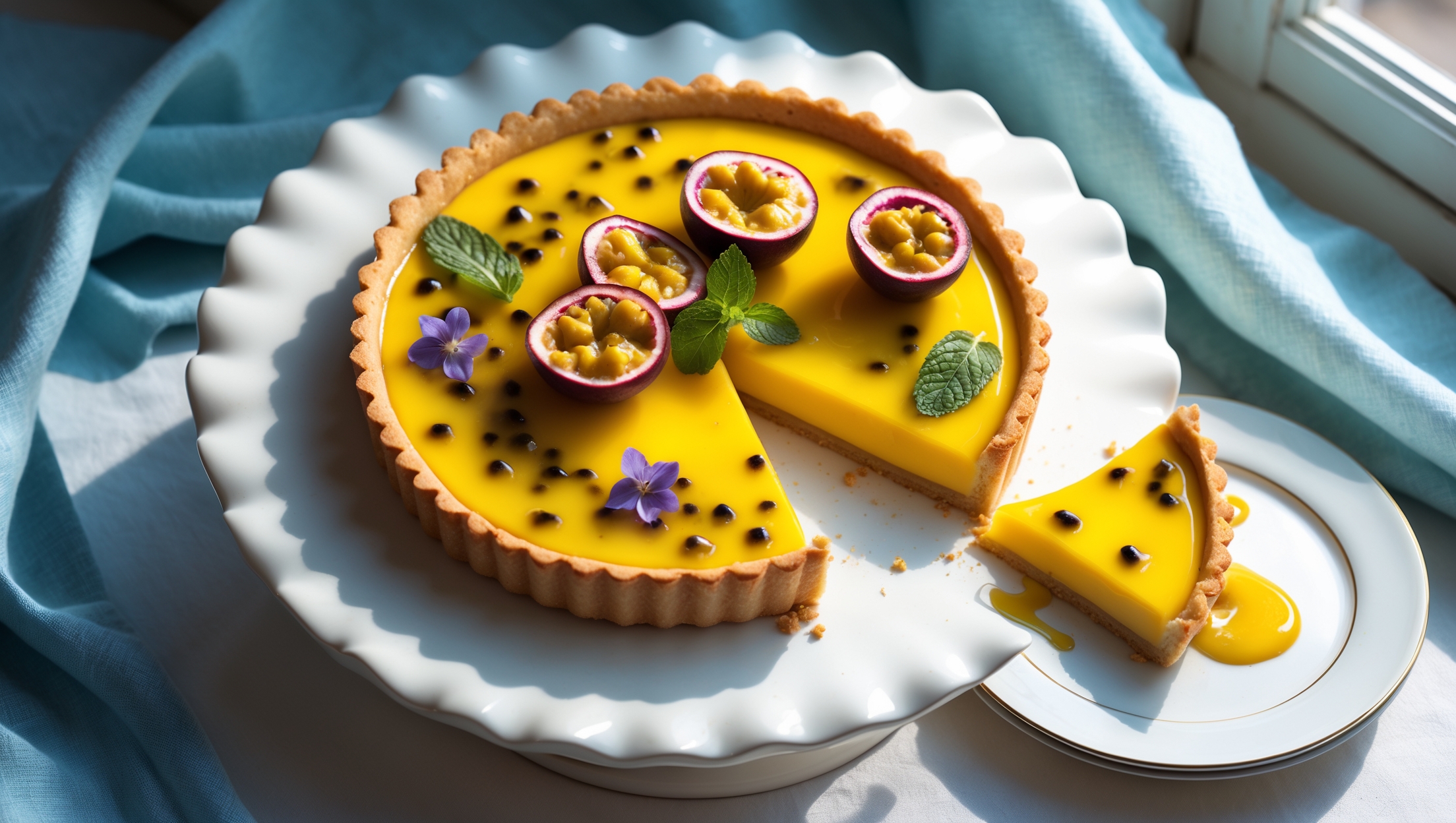 An overhead shot captures this vibrant tart resting on a white ceramic cake stand against a light blue linen backdrop. Natural window light highlights the glossy passion fruit glaze that covers the smooth mango filling, with several passion fruit halves arranged artfully on top. The perfectly crimped golden pastry shell provides a contrasting frame to the sunshine-yellow filling, while scattered fresh mint leaves and edible flowers add pops of green and purple. A slice being removed reveals the distinct layers - crisp pastry, smooth custard, and glistening glaze - with a small puddle of passion fruit syrup artfully dripping onto the pristine white plate beside it.