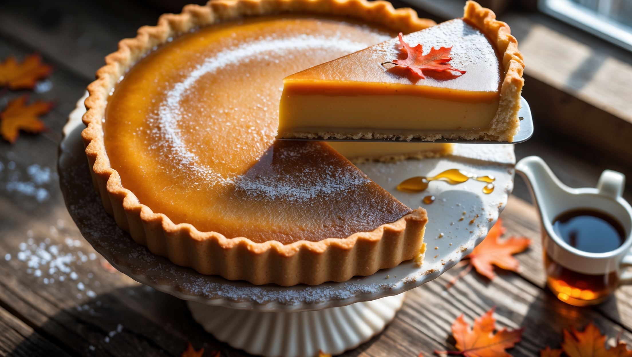 An overhead shot of a perfectly golden-brown Maple Custard Tart on a vintage ceramic cake stand, with a slice being lifted to reveal the silky, amber-tinted maple custard filling. The tart crust shows beautifully crimped edges and a flaky texture, while the custard surface has a slight glisten under soft natural light streaming through a window. Scattered around the base are maple leaves and a small pitcher of additional maple syrup, creating warm color contrasts against a rustic wooden table. A dusting of powdered sugar and a small maple leaf garnish on the slice adds a finishing touch that highlights the seasonal essence of this elegant dessert.