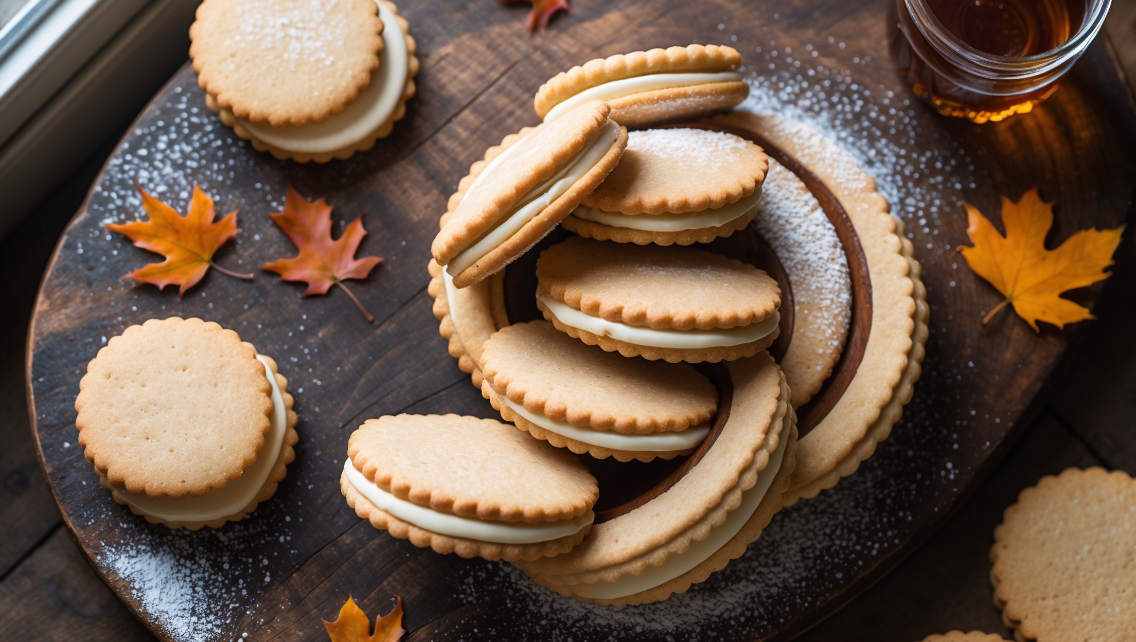 An overhead shot of maple cream sandwich cookies arranged in a rustic spiral pattern on a weathered wooden serving board, with a few cookies stacked to showcase their cream-filled centers. Soft natural light streams in from a nearby window, highlighting the golden-brown edges of the shortbread cookies and the creamy beige filling peeking out between layers. A small jar of amber maple syrup and a scattered handful of maple leaves add seasonal context, while a gentle dusting of powdered sugar on some cookies creates visual texture. The warm caramel tones of the cookies contrast beautifully with the deep brown wood surface, evoking the cozy essence of autumn baking.