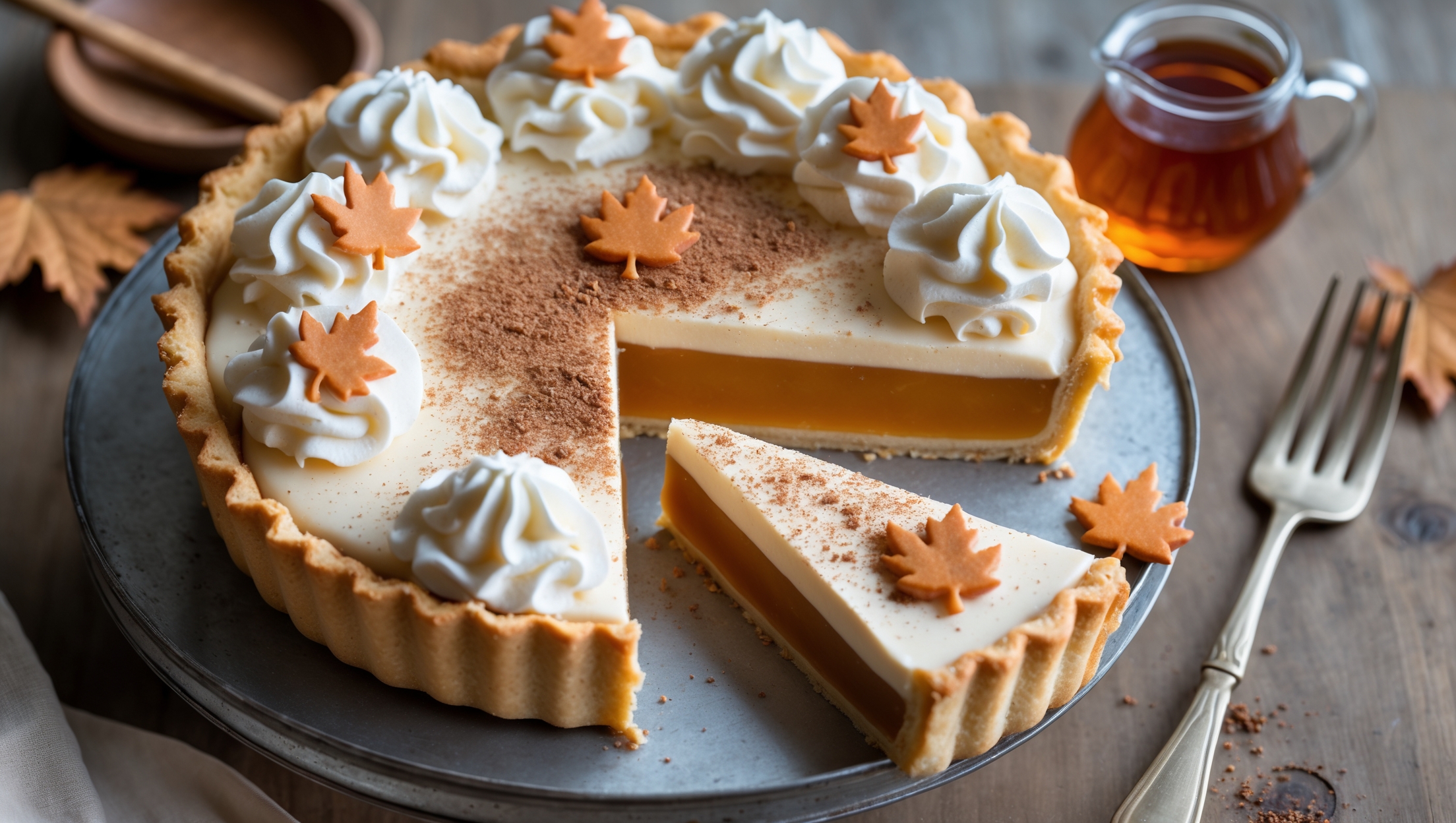 An overhead shot of a perfectly sliced maple cream pie reveals its three distinct layers: the golden-brown flaky pastry crust, the amber-tinted silky maple custard filling, and the cloud-like maple whipped cream topping. Photographed in soft natural light on a rustic wooden cake stand, the pie is garnished with a light dusting of cinnamon and tiny maple leaf-shaped pastry decorations. A small jug of additional maple syrup sits nearby, its contents catching the light with a warm amber glow. The cross-section view highlights the clean slice, showing how the layers hold their shape while remaining delicately soft. A vintage fork rests alongside, ready to dive into this seasonal delight.