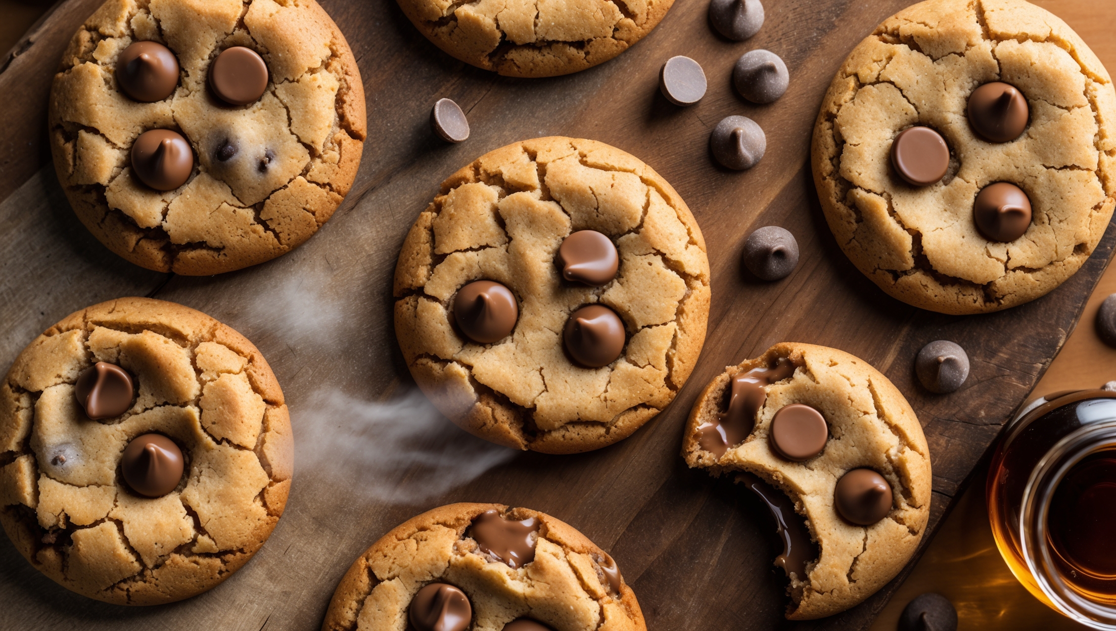 An overhead shot of golden-brown maple chocolate chip cookies arranged on a rustic wooden board, showcasing their perfect spread and chocolate chunks melting slightly. The cookies have distinct crackly tops with visible caramelized edges, while close-ups reveal pockets of gooey chocolate. Shot in warm natural light that highlights the amber tones from the maple syrup, wispy steam rises from freshly-baked specimens. A small jar of premium maple syrup and scattered chocolate chips frame the composition, while a partially-bitten cookie reveals the perfect chewy interior texture contrasting with the crisp edge.