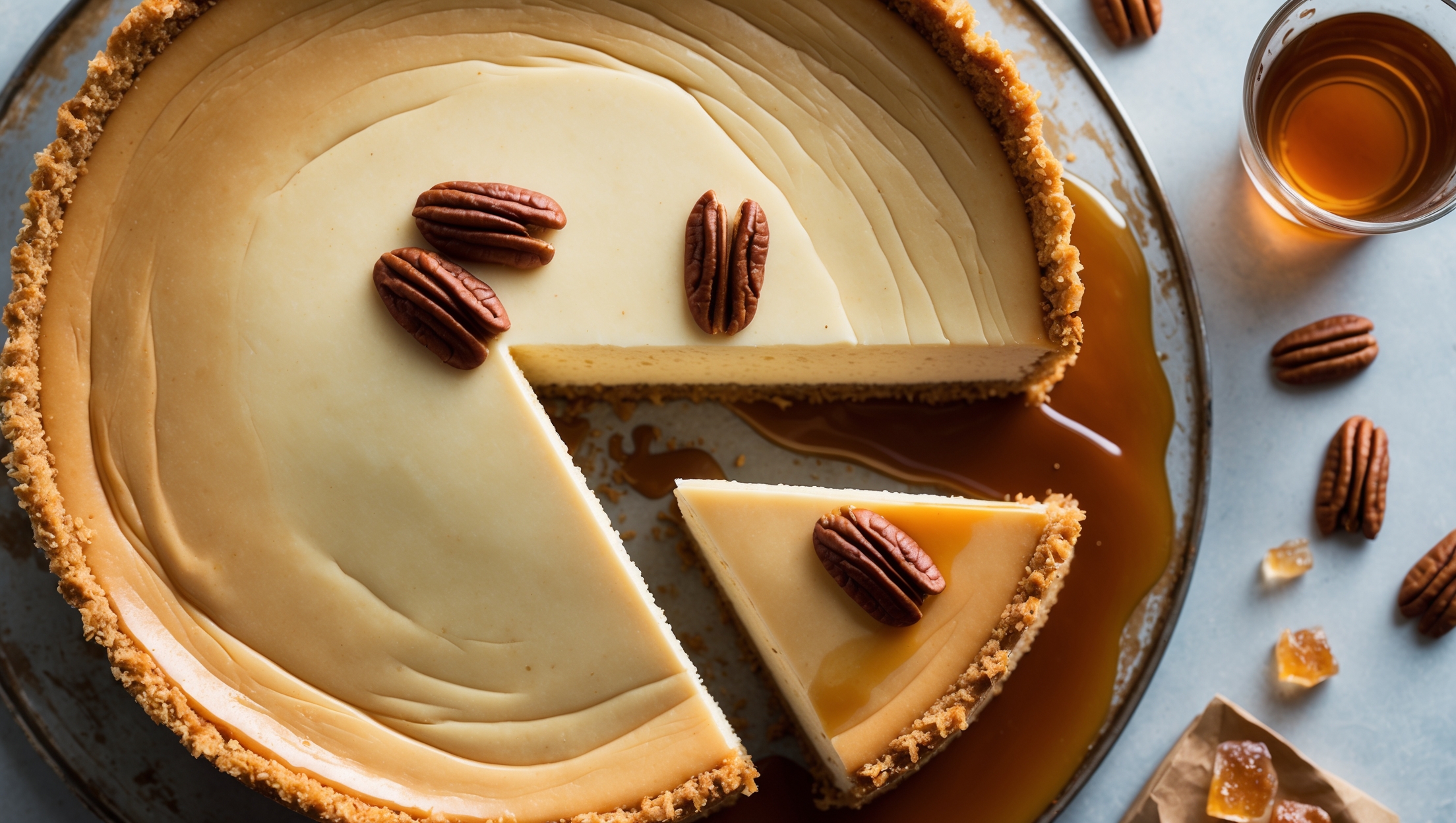 An overhead shot of a perfectly baked Maple Bourbon Cheesecake with a golden-brown graham cracker crust visible around the edges. A cross-section reveals the velvety, cream-colored filling with subtle amber hues from the maple bourbon infusion. Soft natural light highlights the glossy maple caramel sauce cascading down the sides and pooling onto a vintage cake stand. Scattered pecan halves and crystallized maple sugar pieces add textural contrast, while a small glass of bourbon sits nearby, reinforcing the flavor profile. The cake's surface shows a perfectly smooth finish with minimal cracks, demonstrating ideal baking technique.