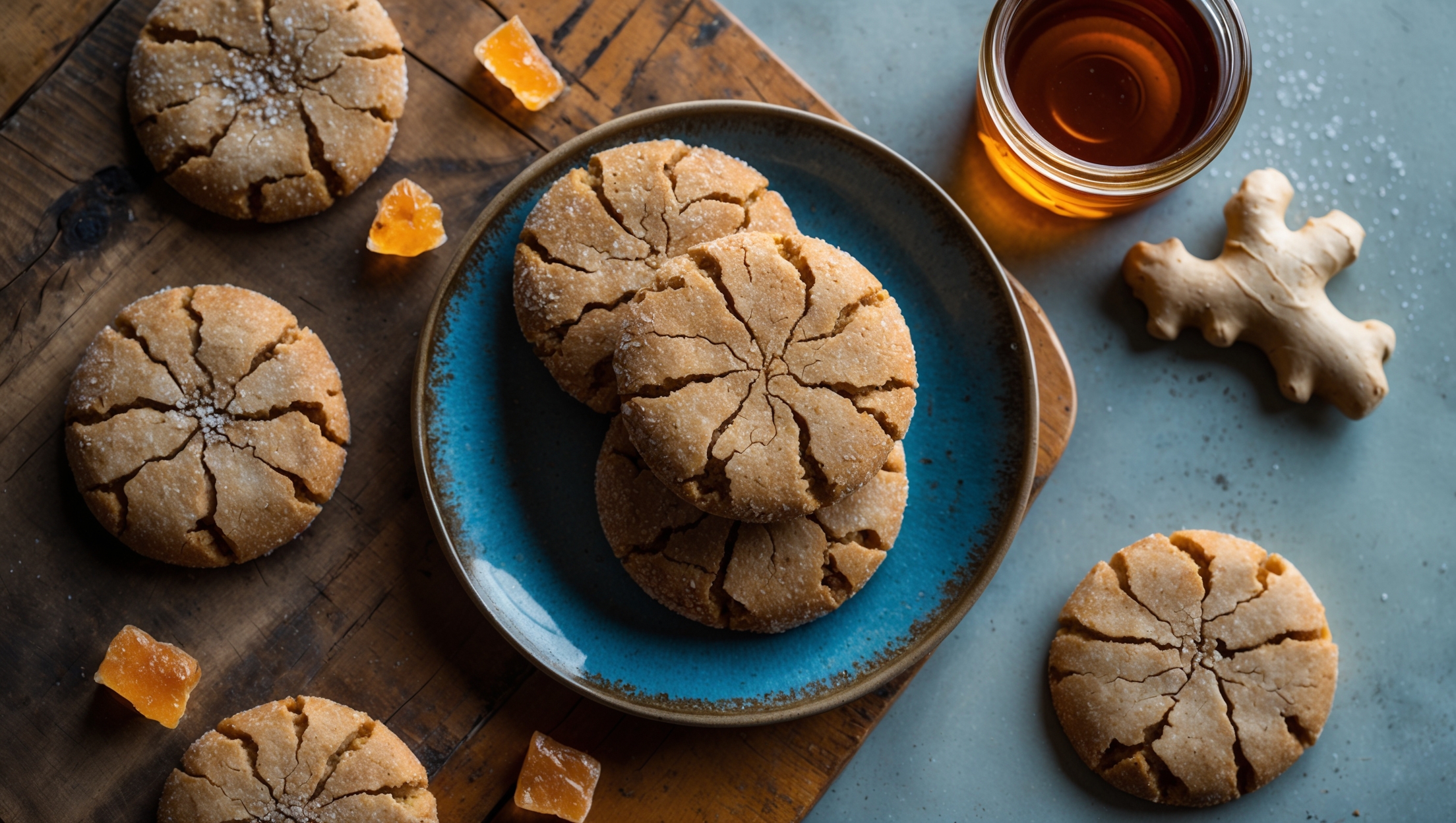 Overhead shot of rustic maple ginger cookies with visible crackled tops arranged in a casual overlapping pattern on a weathered wooden board. Soft natural light highlights the cookies' amber-golden edges and slightly darker centers, with a few pieces of crystallized ginger scattered nearby as garnish. A small jar of pure maple syrup sits in the corner, its amber contents catching the light. The cookies display a perfect balance of textures—crisp edges giving way to chewy centers—with fine sugar crystals sparkling on their surfaces. A vintage blue ceramic plate holds a stack of three cookies, revealing their substantial thickness and chewy interior when broken apart.
