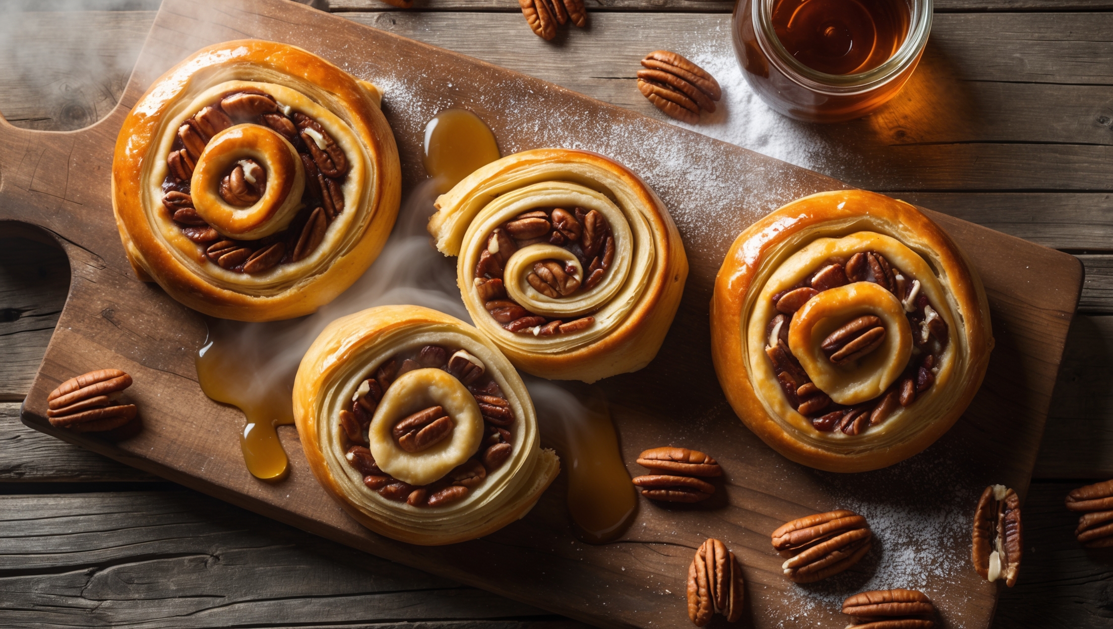 An overhead shot captures a rustic wooden board displaying three perfectly baked Maple Pecan Danish pastries, their golden-brown surfaces glistening under soft morning light. A cross-section view reveals buttery, flaky layers spiraling around maple-scented cream and crunchy toasted pecans. Delicate drizzles of glossy maple glaze cascade down the sides, pooling slightly on the board. Scattered pecan halves, a small jar of amber maple syrup, and a dusting of powdered sugar create visual interest around the pastries. Steam visibly rises from a freshly cut Danish, emphasizing its warm, just-baked quality against the weathered wood background.