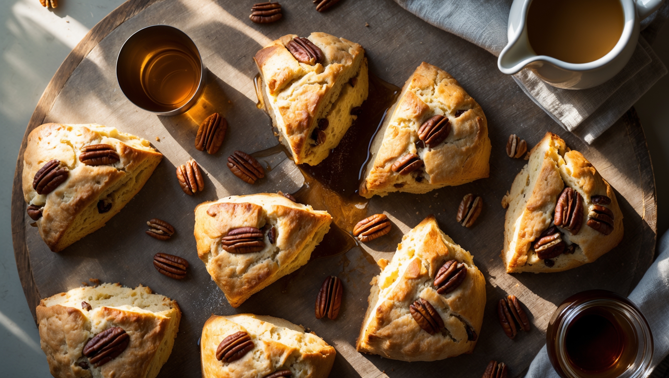 An overhead shot of golden-brown maple pecan scones arranged on a rustic wooden board, with some broken open to reveal a tender, flaky interior spotted with toasted pecan pieces. A small pitcher of amber maple glaze sits nearby, with one scone already drizzled to showcase the glossy finish. Soft morning light streams across the scene, highlighting the sugary crust and creating subtle shadows. Scattered pecans and a small jar of maple syrup complement the arrangement, while a linen napkin adds texture. Steam rises gently from a freshly broken scone, suggesting warmth and inviting the viewer to taste the comforting maple-infused pastry.