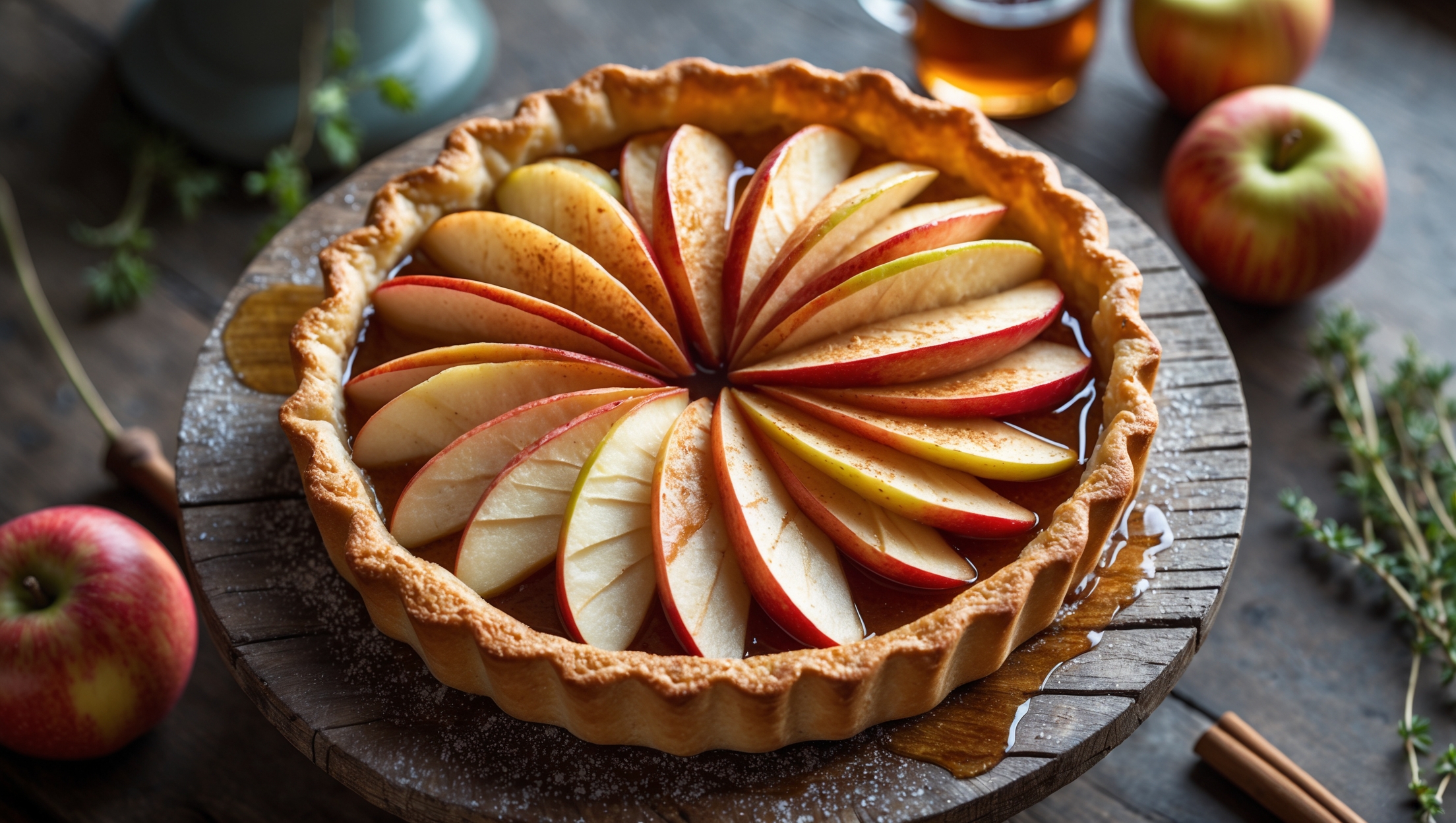 Overhead shot of a golden-brown apple tart on a weathered wooden cake stand, with the maple glaze catching the soft afternoon light, creating a glistening amber finish. A cross-section view reveals perfectly layered, thinly sliced apples arranged in a beautiful fan pattern, with visible specks of cinnamon. The crisp, flaky pastry edge contrasts beautifully with the tender fruit filling. In the background, a few whole apples and a small pitcher of maple syrup sit alongside a sprig of fresh thyme, while a delicate dusting of icing sugar creates visual texture against the rich caramelized apple surface.