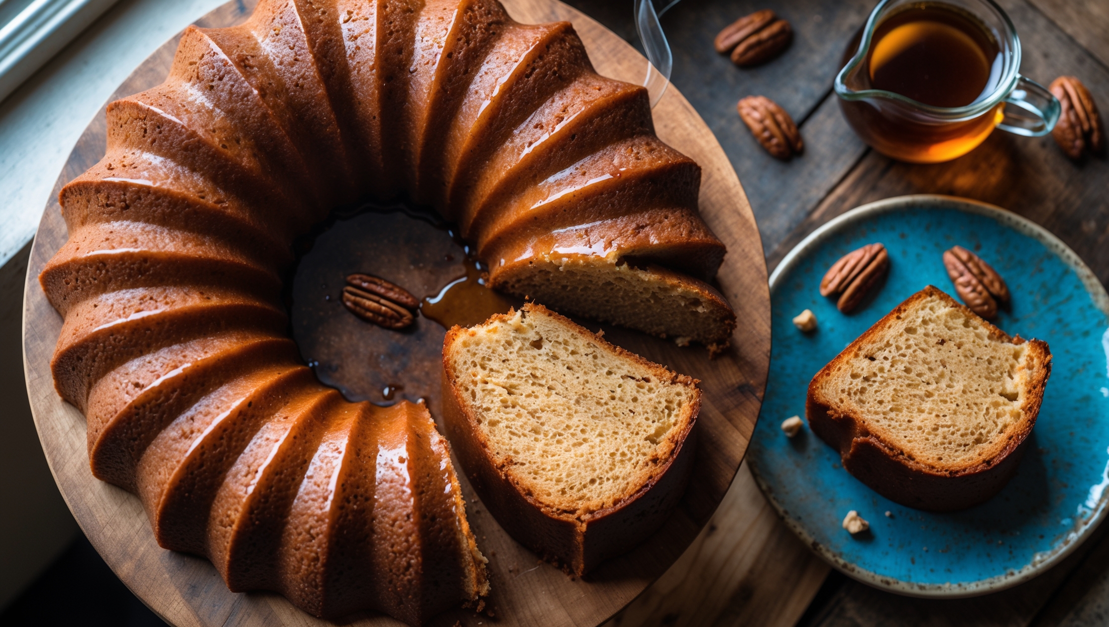 An overhead shot of a perfectly formed Maple Pecan Bundt Cake on a rustic wooden cake stand, its deep golden-brown exterior showcasing the distinctive ridges of the bundt pan. Natural light streams through a nearby window, highlighting the glossy maple glaze cascading down the sides in tempting drips. The cross-section reveals a tender, moist crumb with visible specks of toasted pecans throughout. Scattered whole pecans and a small pitcher of amber maple syrup sit alongside the cake, while a slice has been removed to display the cake's even texture. The warm amber and brown tones of the cake contrast beautifully with the vintage blue ceramic plate holding the slice, with wisps of steam suggesting it's freshly baked.
