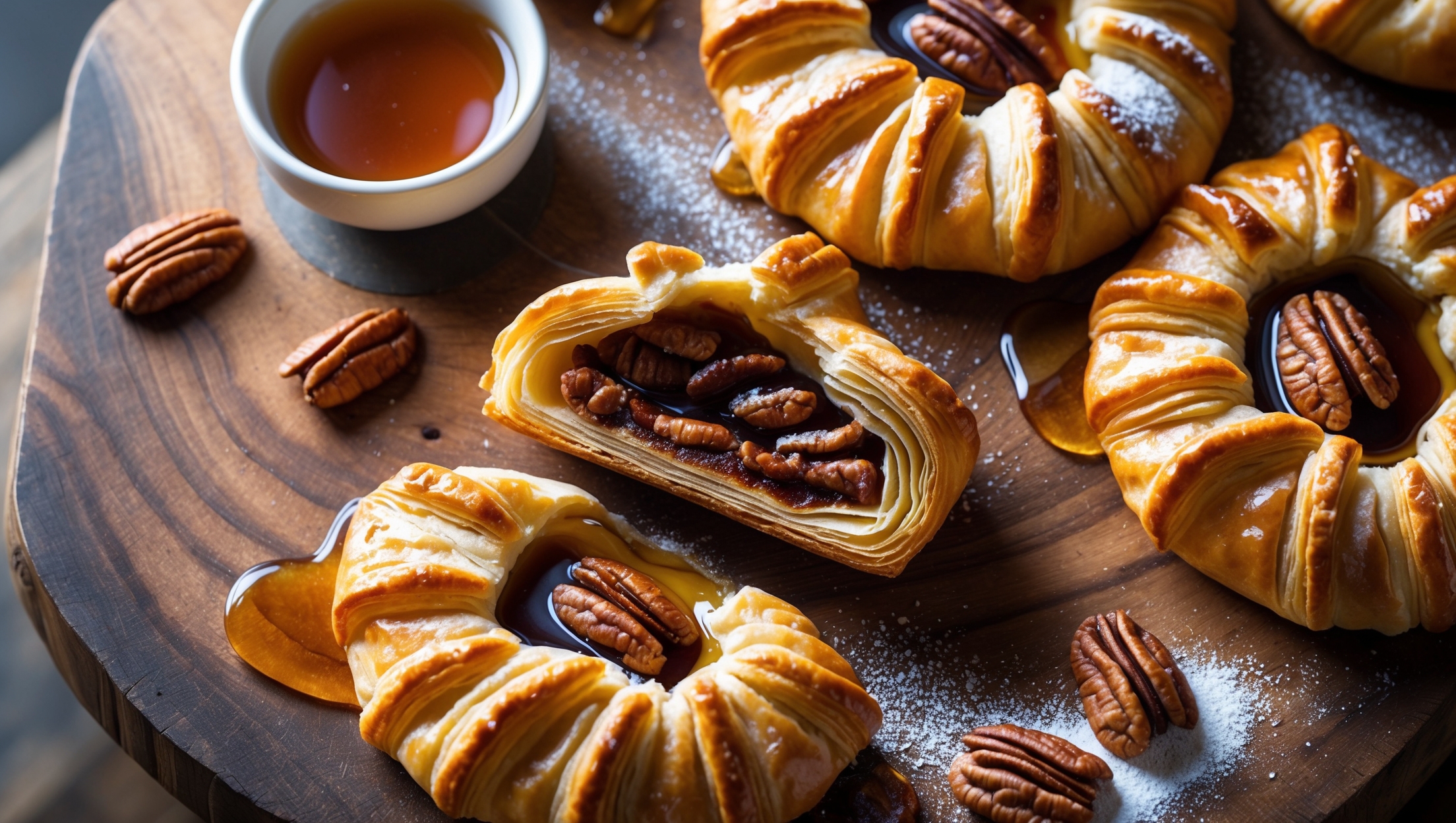 An overhead shot captures a rustic wooden serving board displaying three maple pecan pastries with golden-brown, flaky layers that curl and ripple at the edges. A cross-section view reveals the rich amber pecan filling nestled within the buttery pastry. Soft natural light streams in from the side, highlighting the glossy maple glaze that drips tantalizingly down the pastries' edges. A scattered handful of toasted pecan halves and a small pot of amber maple syrup sit alongside, while a dusting of powdered sugar creates a delicate contrast against the deep caramel tones. Steam visibly rises from a freshly broken pastry, suggesting it's just emerged from the oven.