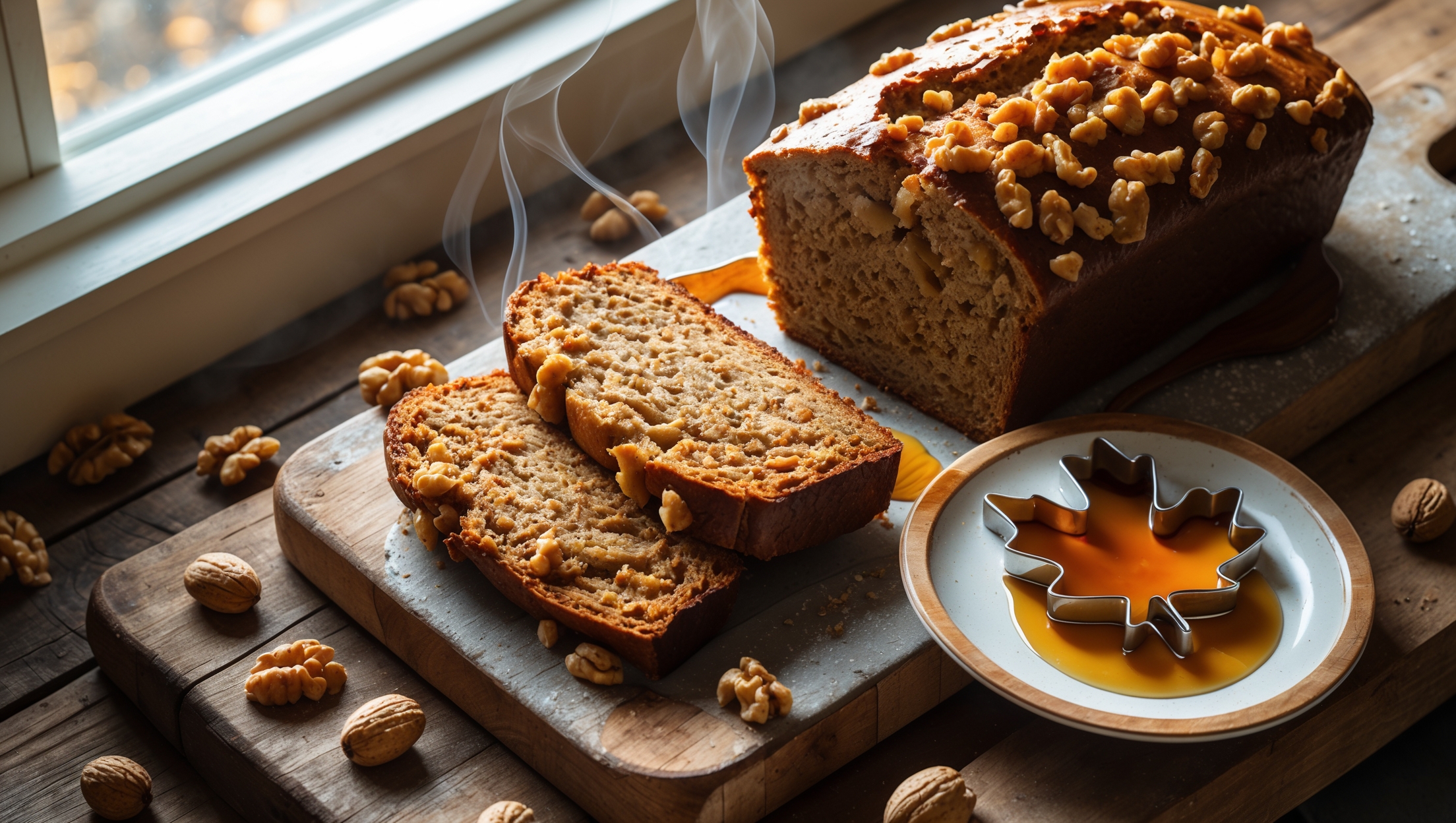 Overhead shot of a rustic maple walnut bread loaf resting on a weathered wooden cutting board, with one thick slice cut to reveal its tender crumb studded with caramelized walnuts. Golden-amber maple syrup drizzles down the side of a slice on a small ceramic plate. The scene is bathed in soft morning light streaming through a kitchen window, highlighting the bread's golden-brown crust and the scattered whole walnuts and maple leaf-shaped cookie cutter decoratively placed alongside. Steam gently rises from a fresh-cut slice, suggesting warmth and inviting the viewer to experience the comforting aroma of maple and toasted nuts.