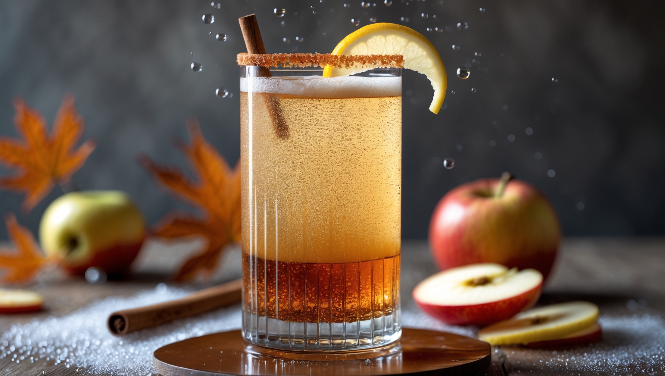 A crystal highball glass showcases the Maple Lemon Cider Mocktail's amber-gold hues with visible layers - the darker maple-infused base transitioning to a lighter, effervescent top. Captured in bright natural daylight that highlights bubbles rising through the drink. The glass rim is adorned with a maple sugar and cinnamon mix while a twisted lemon peel and thin apple slice garnish rest on the edge. Condensation beads on the glass surface suggest refreshing coolness, with a cinnamon stick stirrer adding vertical interest. The setup includes rustic wooden elements with scattered maple leaves and apple slices in soft focus background, emphasizing the autumn-inspired flavor profile.