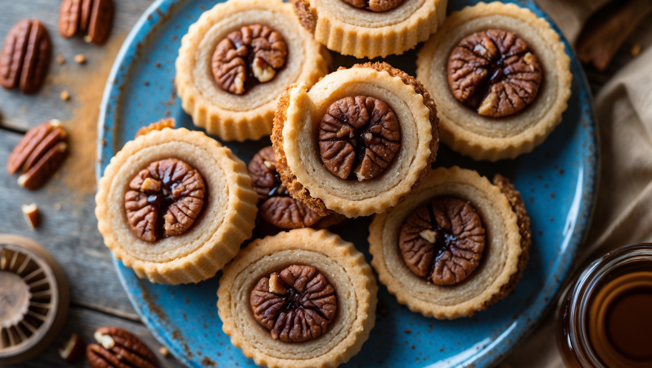 An overhead shot of perfectly coiled maple pecan pinwheels arranged on a vintage blue ceramic platter, with a few cookies broken to reveal their delicate spiral pattern. Soft natural light accentuates the golden-brown edges and caramelized pecan pieces, while the glistening maple glaze creates enticing highlights. Close-up details capture the textural contrast between the crisp cookie exterior and tender, buttery interior. Scattered pecan halves and a small jar of amber maple syrup at the corner of the frame complement the rustic wooden table surface, with a light dusting of cinnamon creating warm depth in the composition.
