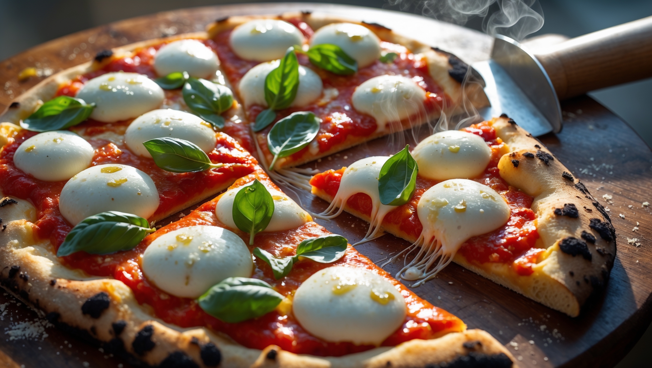 An overhead shot of a perfectly baked Margherita pizza on a rustic wooden pizza peel, captured in warm natural light that highlights the vibrant colors. The crust is golden-brown with charred spots along the edge, showing blistering from high heat. Pools of melted mozzarella cheese create ivory islands against the bright red tomato sauce background, while vibrant green basil leaves are scattered across the surface, some slightly wilted from the heat. A light dusting of semolina is visible on the wooden board, and a drizzle of extra virgin olive oil catches the light with a subtle sheen. Steam rises gently from the freshly cut slice being pulled away, revealing the stretchy cheese pull and the airy, open crumb structure of the crust.