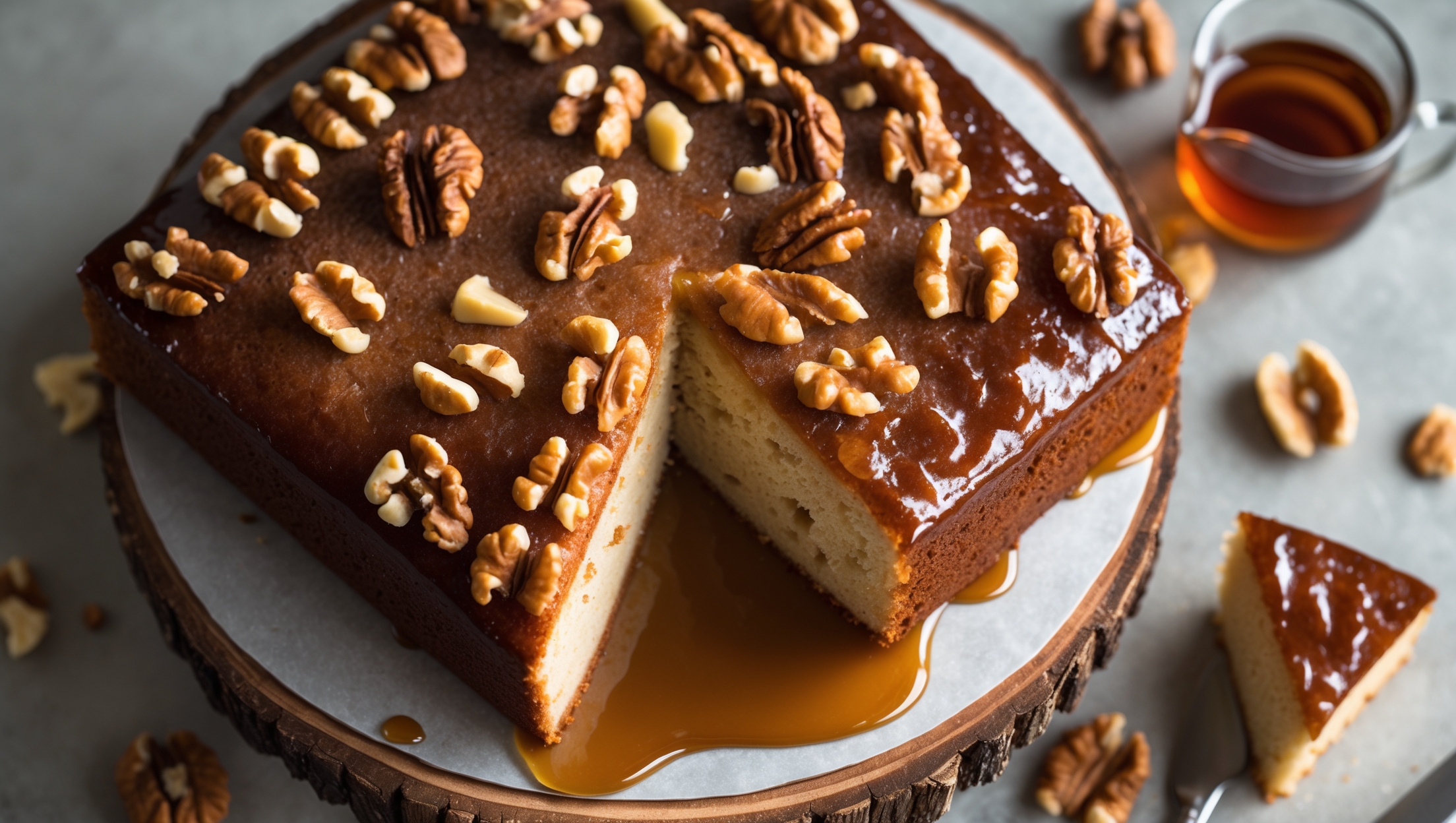 An overhead shot of the Maple Walnut Sheet Cake showcasing its golden-brown surface with a glossy maple glaze cascading down the sides, capturing light and creating an amber sheen. The cross-section reveals a tender, moist crumb dotted with toasted walnut pieces throughout. Photographed in soft natural light on a rustic wooden cake stand with scattered walnut halves and a small pitcher of maple syrup nearby. A slice has been removed, displaying the perfect texture with fork marks indicating its irresistible softness, while a dusting of chopped walnuts on top creates beautiful textural contrast against the lustrous glaze.