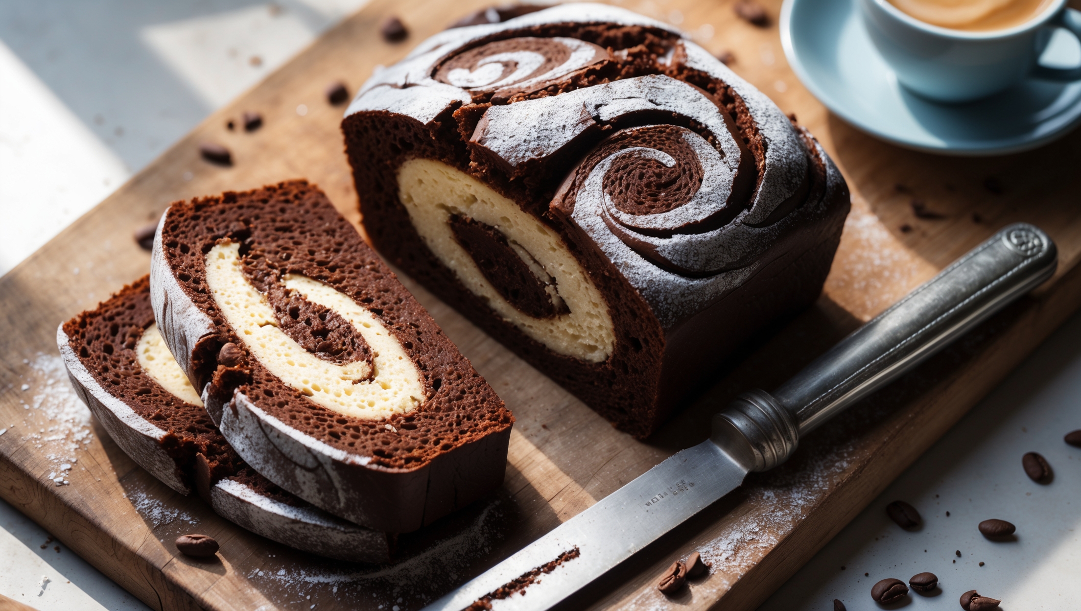 An overhead shot of a sliced marbled chocolate bread loaf on a rustic wooden cutting board, with a cross-section prominently displayed revealing the dramatic chocolate and vanilla swirls throughout. Soft natural light streams from the side, highlighting the bread's moist crumb and the contrast between the dark chocolate and golden vanilla portions. A few scattered cocoa nibs and a dusting of powdered sugar add dimension, while a vintage cake knife rests alongside, its blade bearing traces of the previous slice. A cup of coffee sits blurred in the background, suggesting the perfect pairing for this elegant yet homey bake.