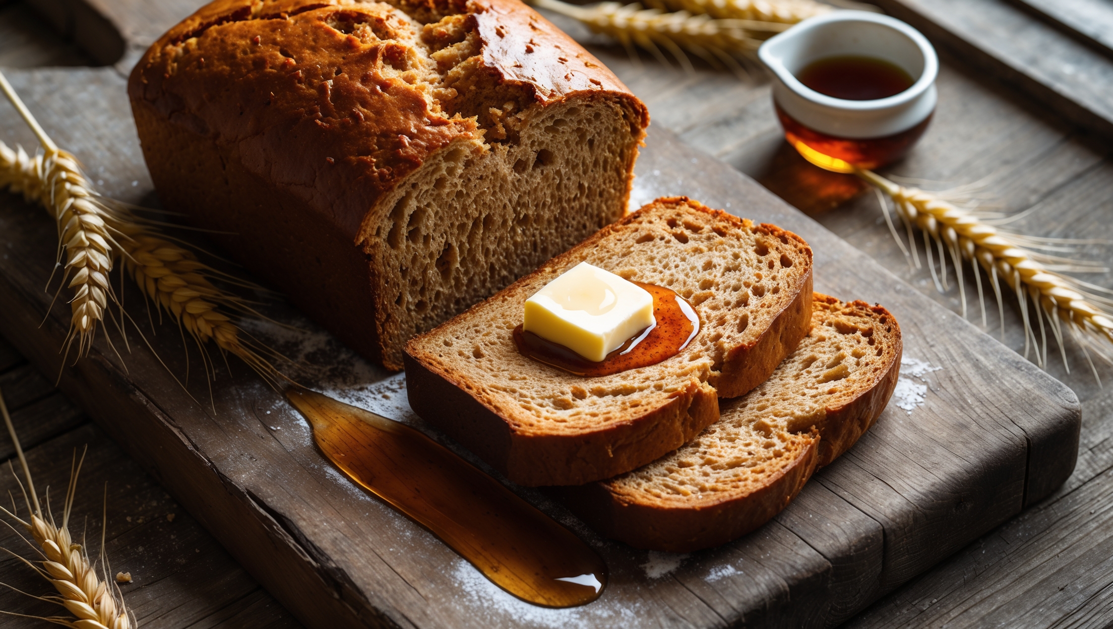 An overhead shot of a freshly sliced maple wheat loaf on a weathered wooden cutting board, with golden-brown crust showing attractive scoring marks. Natural window light highlights the loaf's open, moist crumb structure with visible wheat flecks throughout. A drizzle of maple syrup glistens as it's being poured from a small ceramic pitcher in the corner, while a pat of melting butter sits atop one warm slice. The scene is completed with scattered wheat stalks and a small jar of maple syrup in the background, creating a cozy, rustic atmosphere that emphasizes the bread's hearty, homemade quality.