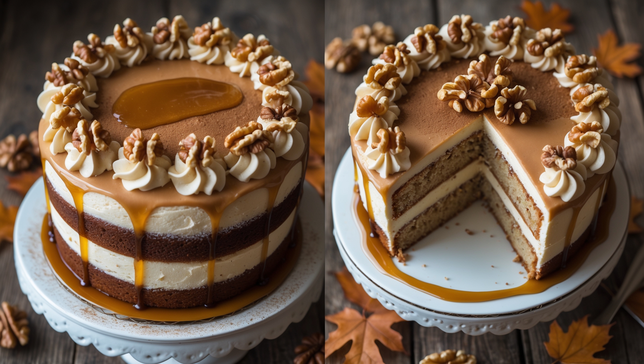 An overhead shot of a three-layer maple walnut cake on a vintage white cake stand, with soft natural light highlighting the caramel-colored maple buttercream frosting that's been applied with elegant swoops and swirls. The top is decorated with a ring of candied walnut halves and a light dusting of cinnamon, while maple syrup drips artfully down the sides. A cross-section view reveals the moist, golden-brown cake layers studded with toasted walnut pieces and separated by creamy frosting. The cake sits on a rustic wooden table scattered with fallen autumn leaves and whole walnuts, evoking a warm, seasonal feeling that complements the cake's maple flavor profile.