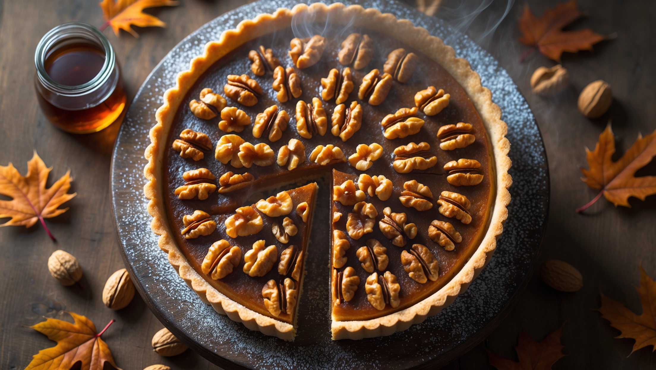 An overhead shot captures this elegant maple walnut tart on a weathered wooden cake stand, with soft natural light highlighting the glossy, amber-colored filling studded with toasted walnuts. A slice has been removed, revealing the perfect cross-section where the tender shortcrust meets the caramelized maple-walnut filling. Scattered walnut halves, a small jar of premium maple syrup, and autumn leaves create a rustic tableau around the tart. A fine dusting of powdered sugar adds contrast against the deep golden hue of the filling, while steam gently rises from the freshly cut slice, suggesting its warmth.
