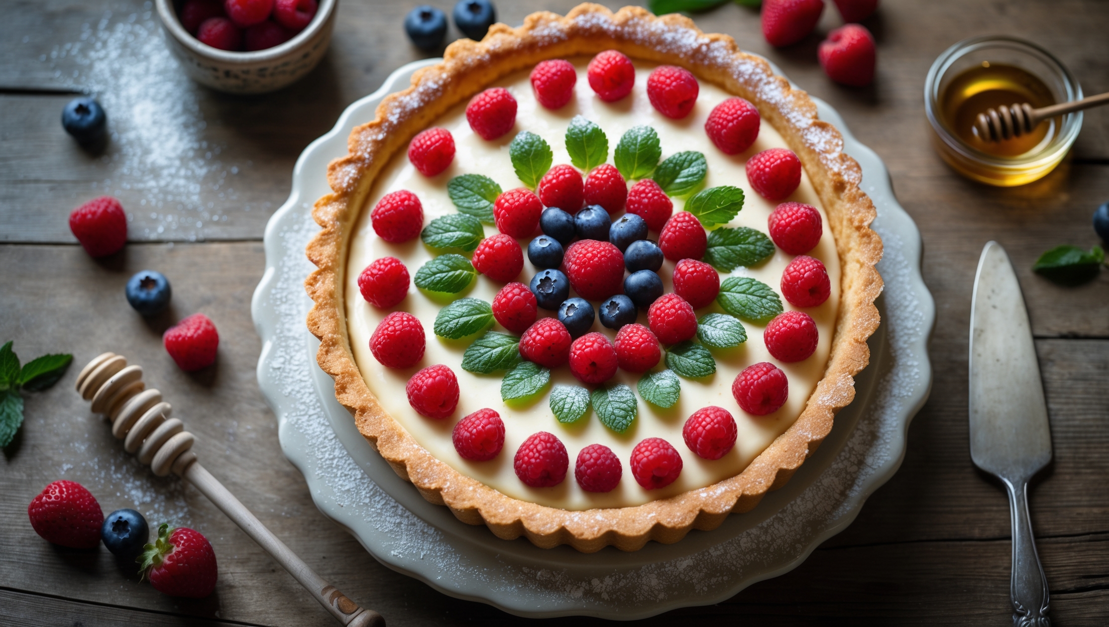 An overhead shot showcases a perfectly golden tart with a crisp, scalloped edge and silky mascarpone filling that glistens under soft natural light. A cross-section reveals the distinct layers of buttery shortcrust and velvety custard. Fresh berries arranged in concentric circles create vibrant color contrast against the pale cream filling, while mint leaves add verdant accents. A light dusting of powdered sugar catches the light on a vintage ceramic cake stand. In the background, scattered berries, a small pot of honey, and a vintage silver serving knife complete the rustic-elegant composition on a weathered wooden table.