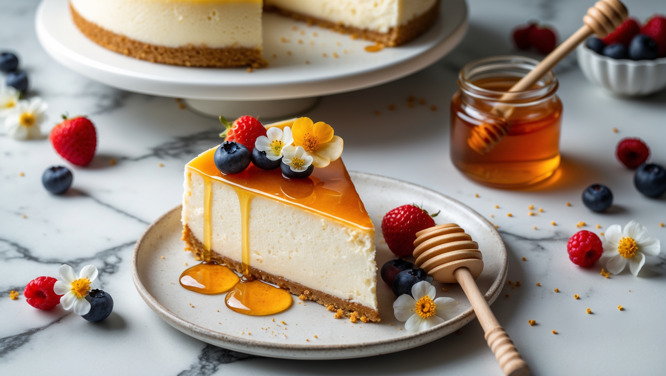 An overhead shot of a slice of Mascarpone Honey Cheesecake set against a marble surface, showcasing its velvety smooth ivory-colored filling and golden graham cracker crust. Soft natural light highlights the glossy top glazed with a thin layer of amber honey that drips elegantly down the sides. In the background, a full cheesecake rests on a white ceramic cake stand, garnished with fresh berries and edible flowers that add pops of color against the creamy canvas. A small jar of artisanal honey with a wooden dipper sits nearby, while scattered bee pollen creates a warm, inviting scene that emphasizes the dessert's main flavor profile.