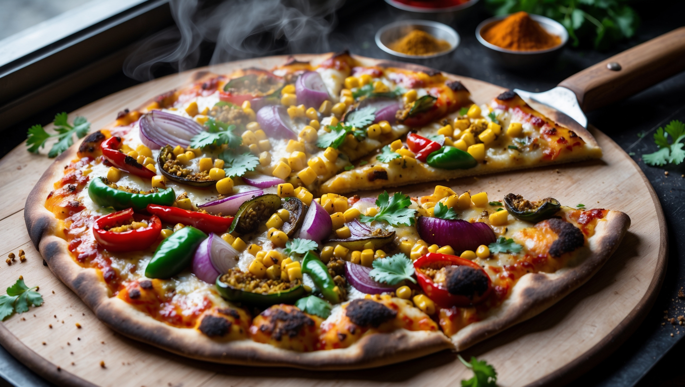 An overhead shot of a rustic Masala Veggie Pizza on a wooden pizza peel, steam rising gently from the just-baked surface. The golden-brown crust frames a vibrant mosaic of roasted vegetables in rich hues—red bell peppers, green capsicum, purple onions, and bright yellow corn—all glistening under a layer of melted cheese. Natural window light highlights the caramelized edges of the vegetables and the specks of garam masala and fresh coriander scattered across the surface. In the background, small bowls of additional spices and a scattering of fresh coriander leaves provide context, while a partially visible slice being pulled away reveals the perfect cheese stretch.