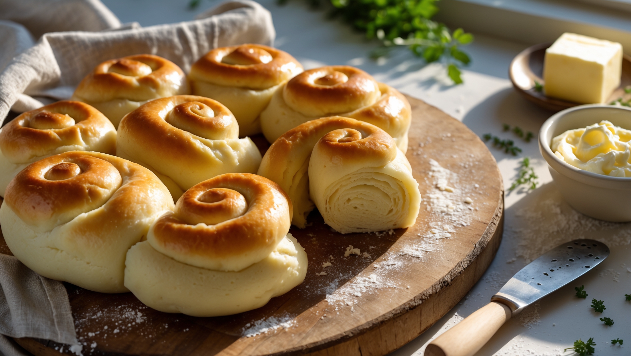 An overhead shot of a rustic wooden board showcasing golden-brown mashed potato rolls arranged in a spiral pattern, with one roll pulled slightly apart revealing its feathery-soft interior. The rolls have a glossy butter-brushed surface that catches the warm afternoon light streaming through a kitchen window. In the background, a small ceramic dish of cultured butter with a wooden butter knife rests alongside scattered fresh herbs. A linen napkin in neutral tones frames the composition, with a light dusting of flour adding authenticity to the scene. The pillowy texture of the rolls is emphasized through the depth of field, highlighting their perfect rise and tender structure.